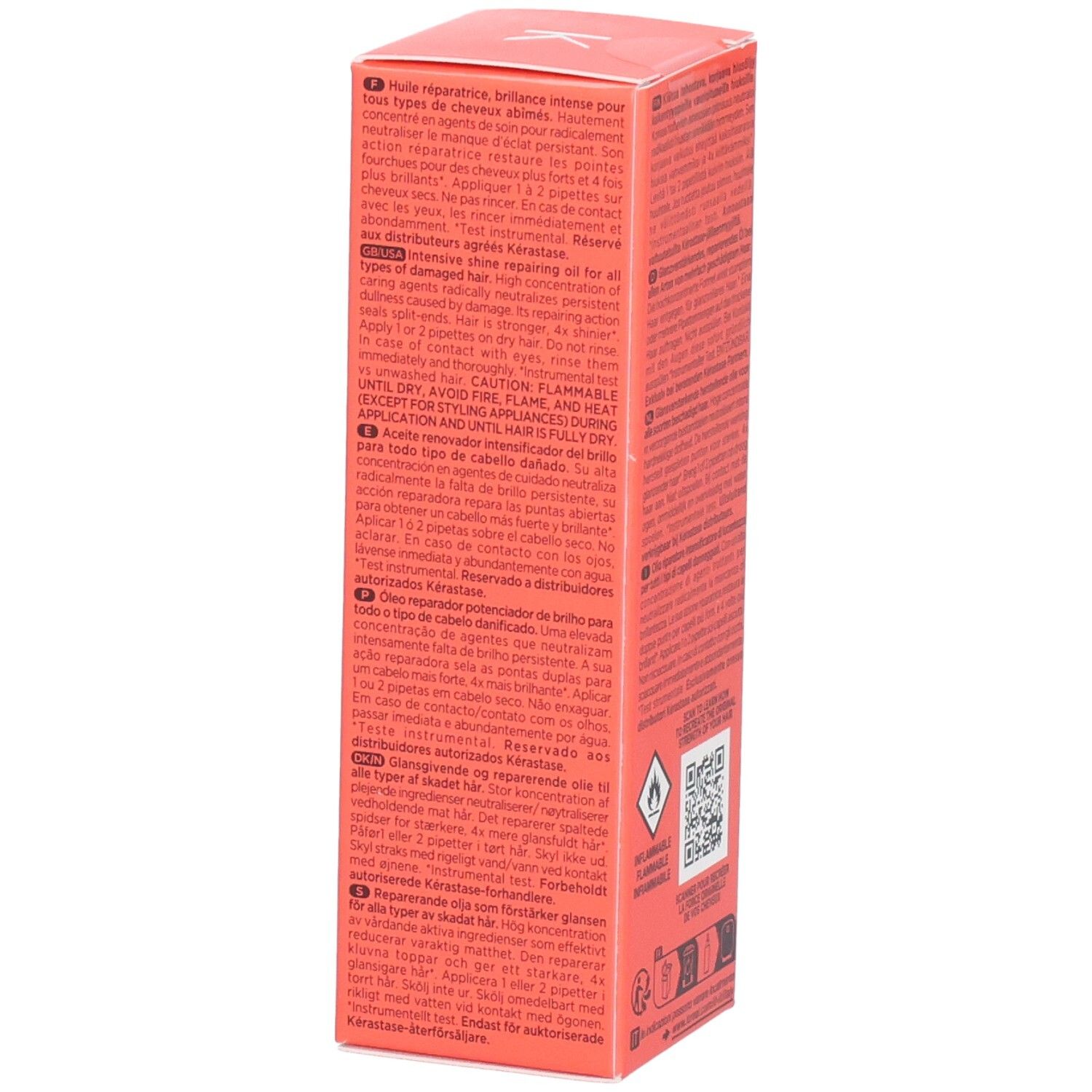 Kérastase Première Huile Gloss Réparatrice. Vue latérale de l'emballage avec informations produit multilingues.