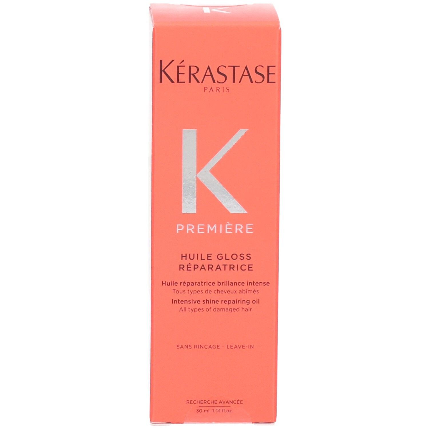 Kérastase Première Huile Gloss Réparatrice. Façade de l'emballage avec logo et nom du produit.