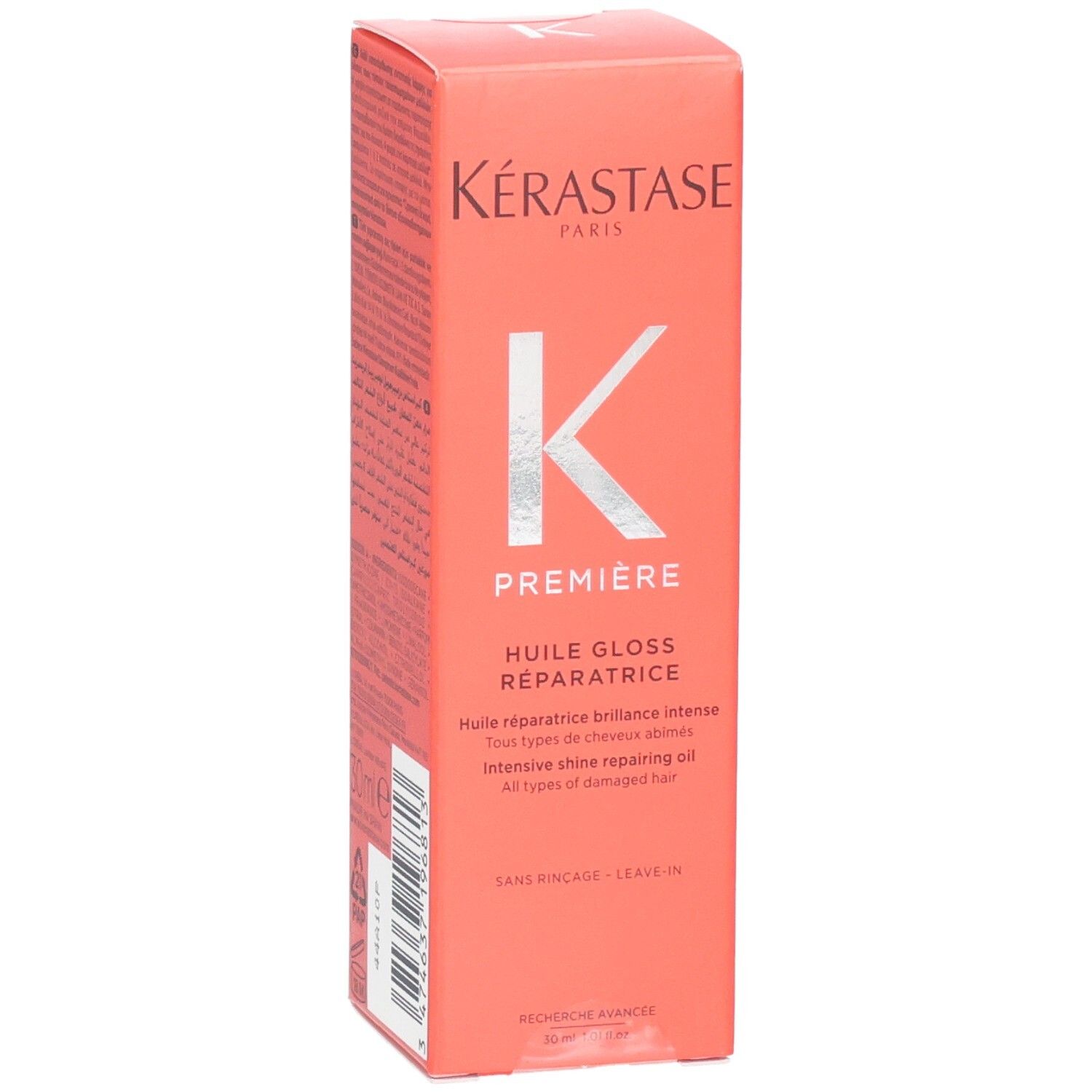 Kérastase Première Huile Gloss Réparatrice. Emballage avec logo K et indication Huile Gloss Réparatrice.