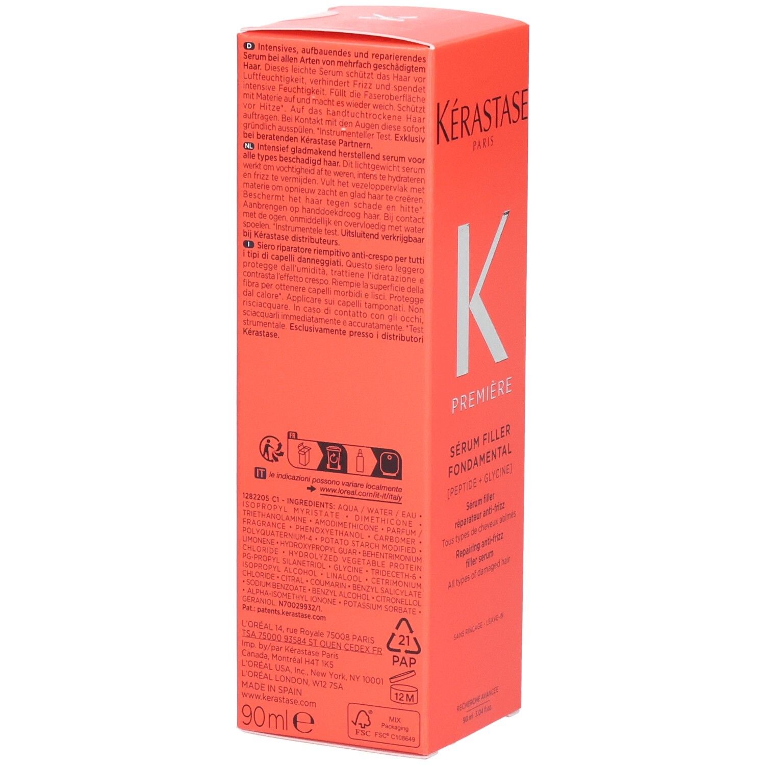 Kérastase Première Sérum Filler Fondamental, dos avec ingrédients et instructions.