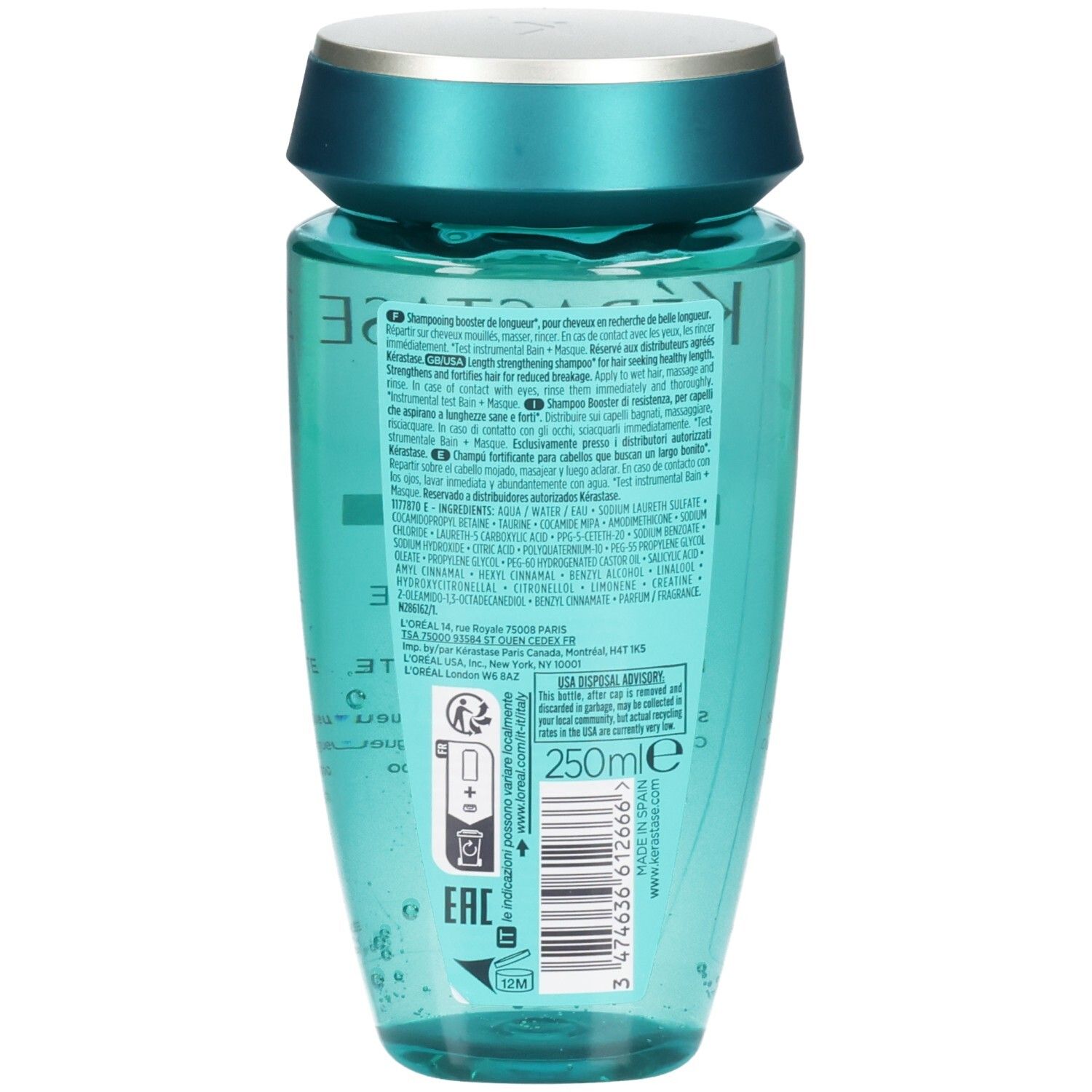 Achterkant van de Kérastase Resistance Bain Extentioniste Shampoo fles met etiket.