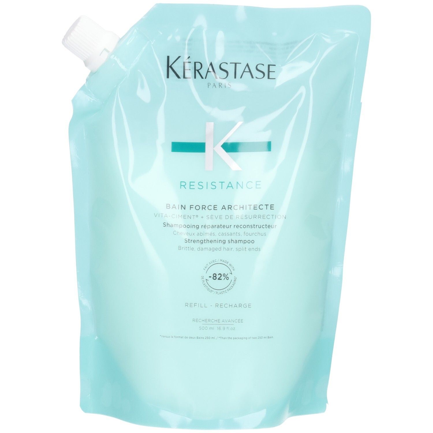 Kérastase Bain Force Architecte Shampoo navulzak, mintgroen, met K-logo en productinformatie.