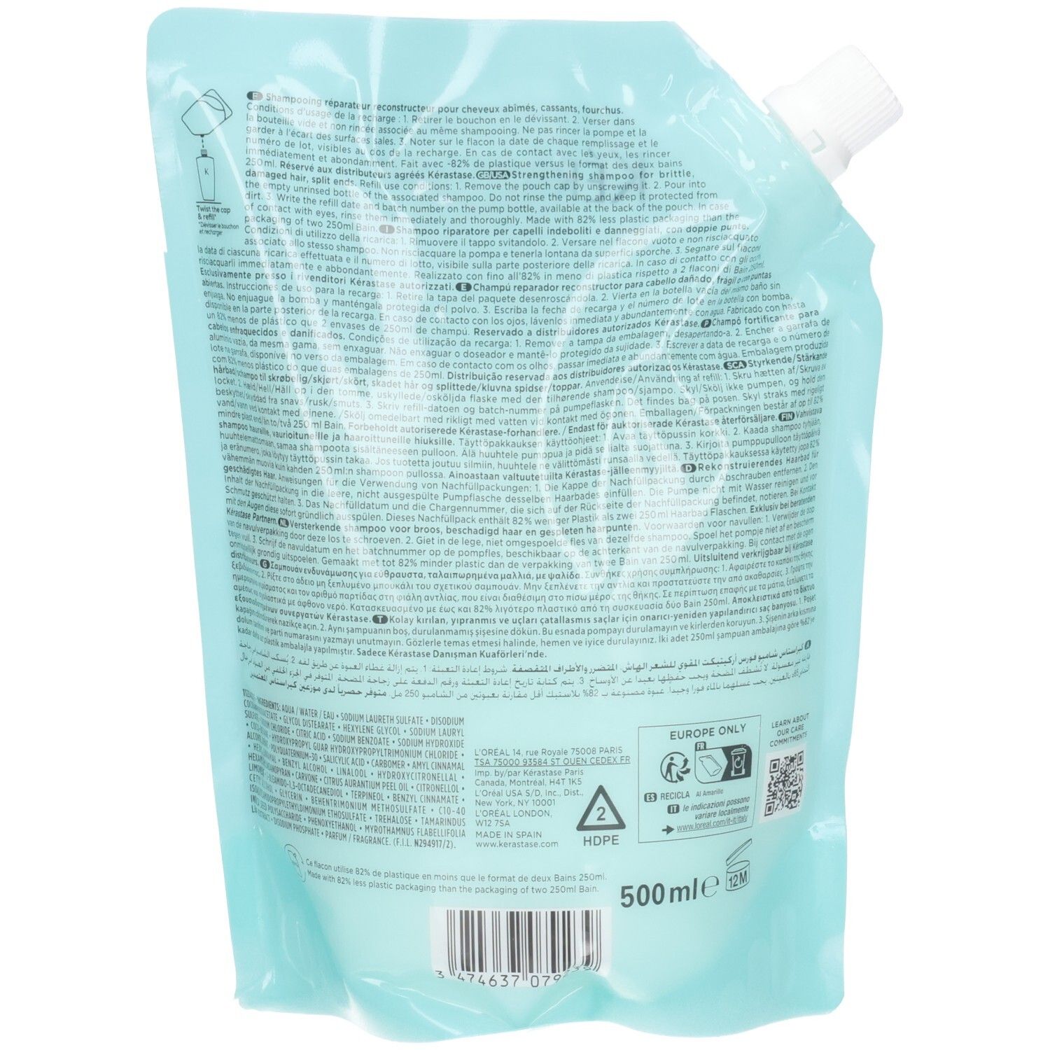Achterkant van de Kérastase Bain Force Architecte Shampoo navulzak met gedetailleerde gebruiksinstructies en productinformatie.