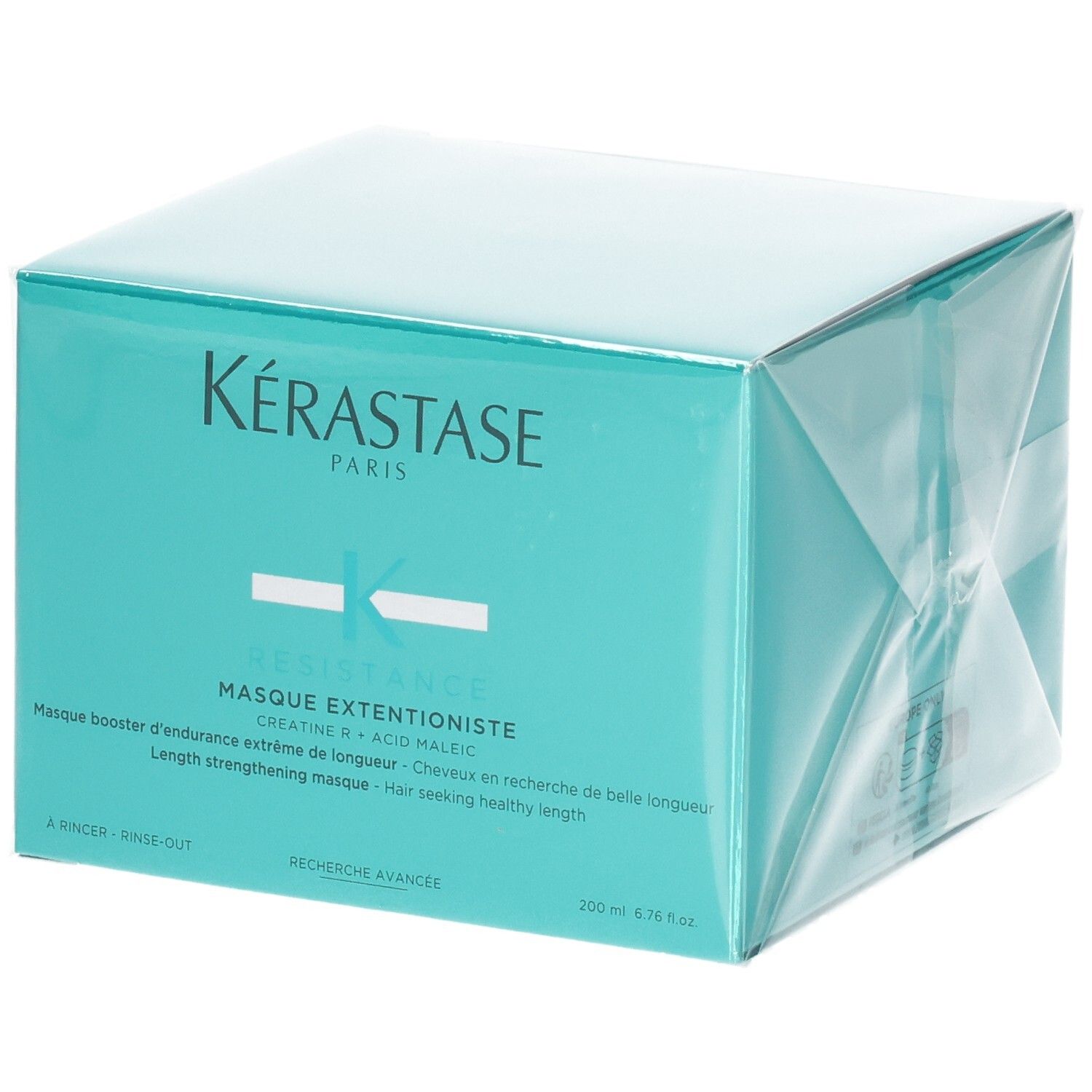 Kérastase Résistance Masque Extentioniste verpakking. Lichtblauwe doos met productinformatie.