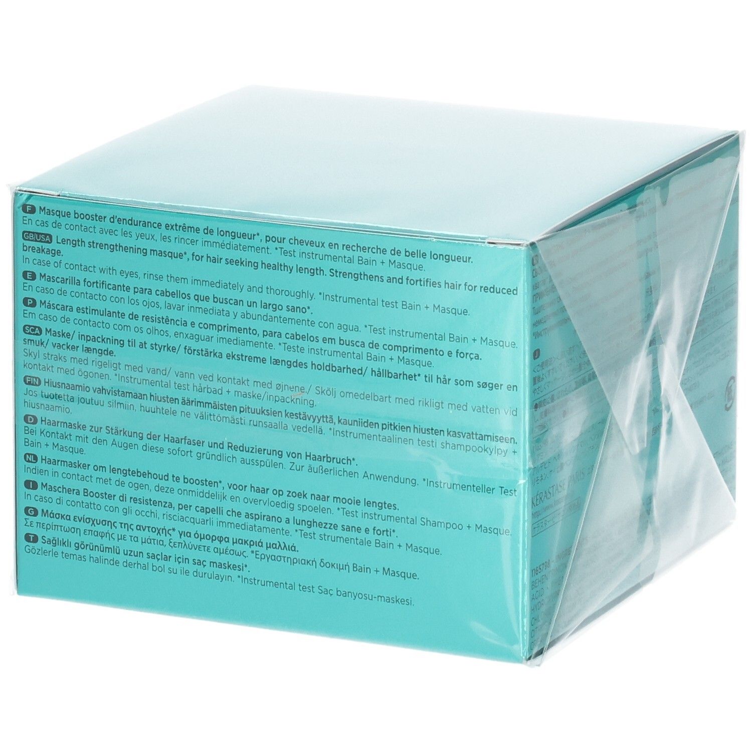 Kérastase Résistance Masque Extentioniste verpakking, zijkant met meertalige productbeschrijvingen.