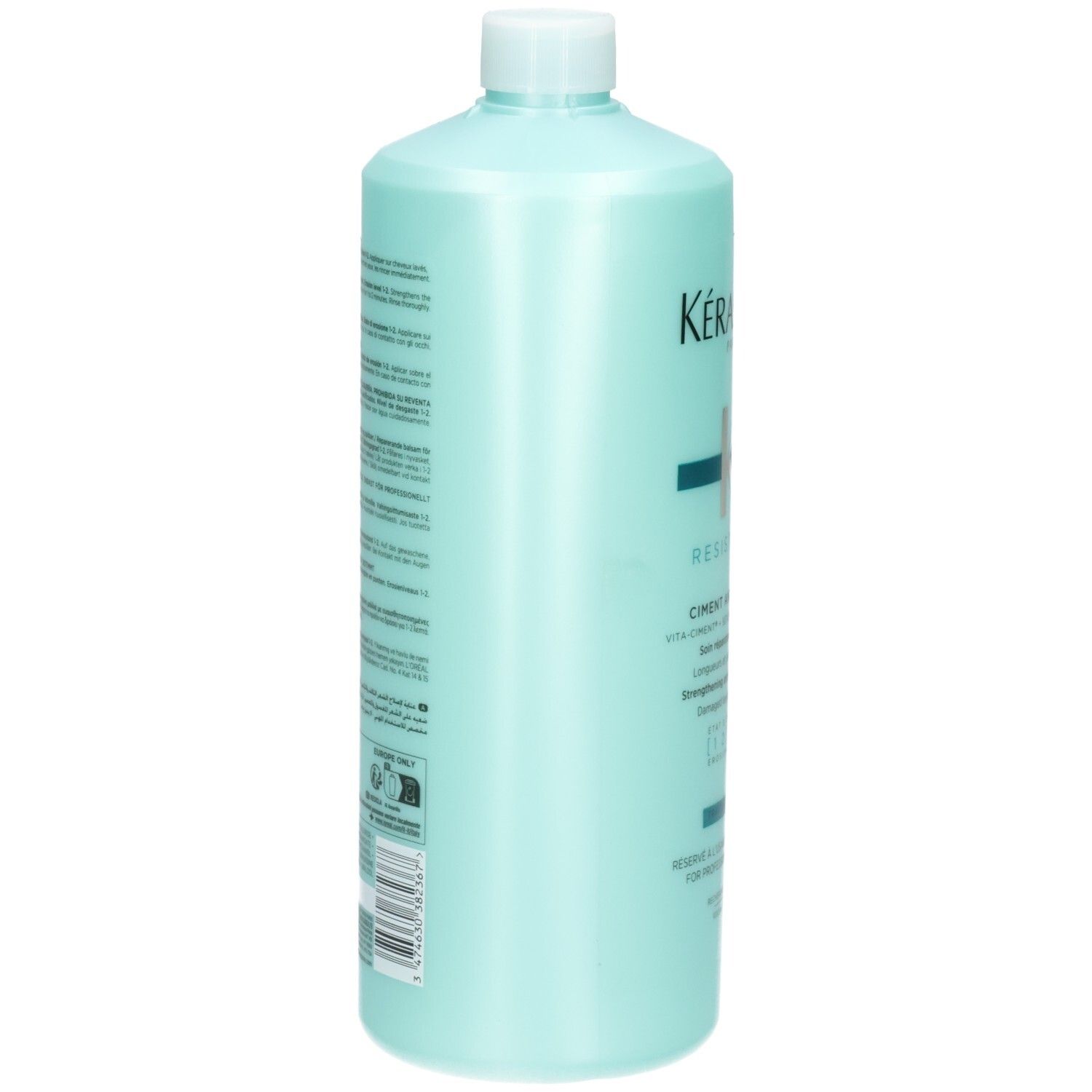 Achterkant Kérastase Resistance Ciment Anti-Usure fles. Bevat gebruiksinstructies en ingrediënten.