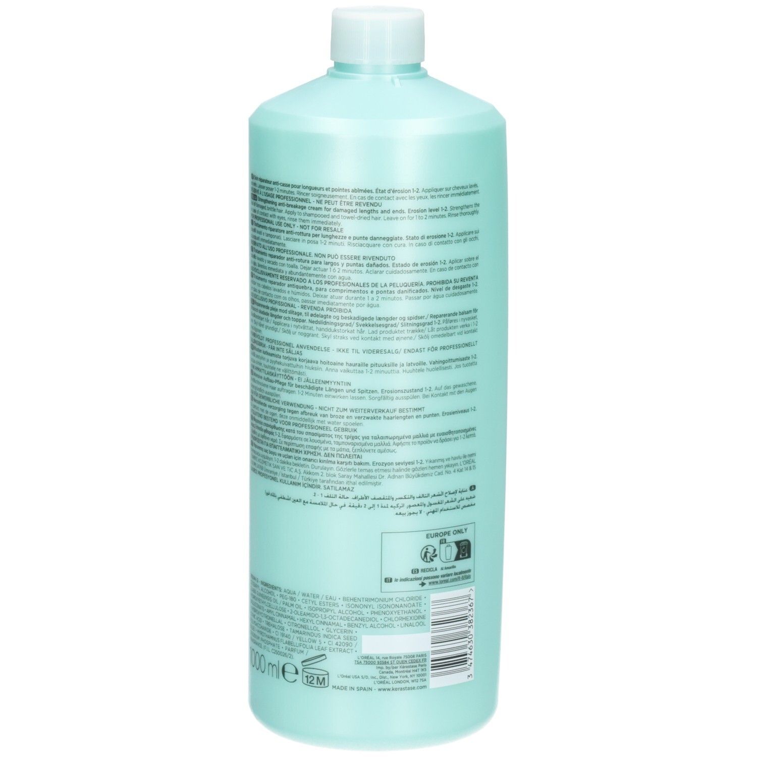 Achterkant Kérastase Resistance Ciment Anti-Usure fles. Toont productinformatie en volume 1000ml.