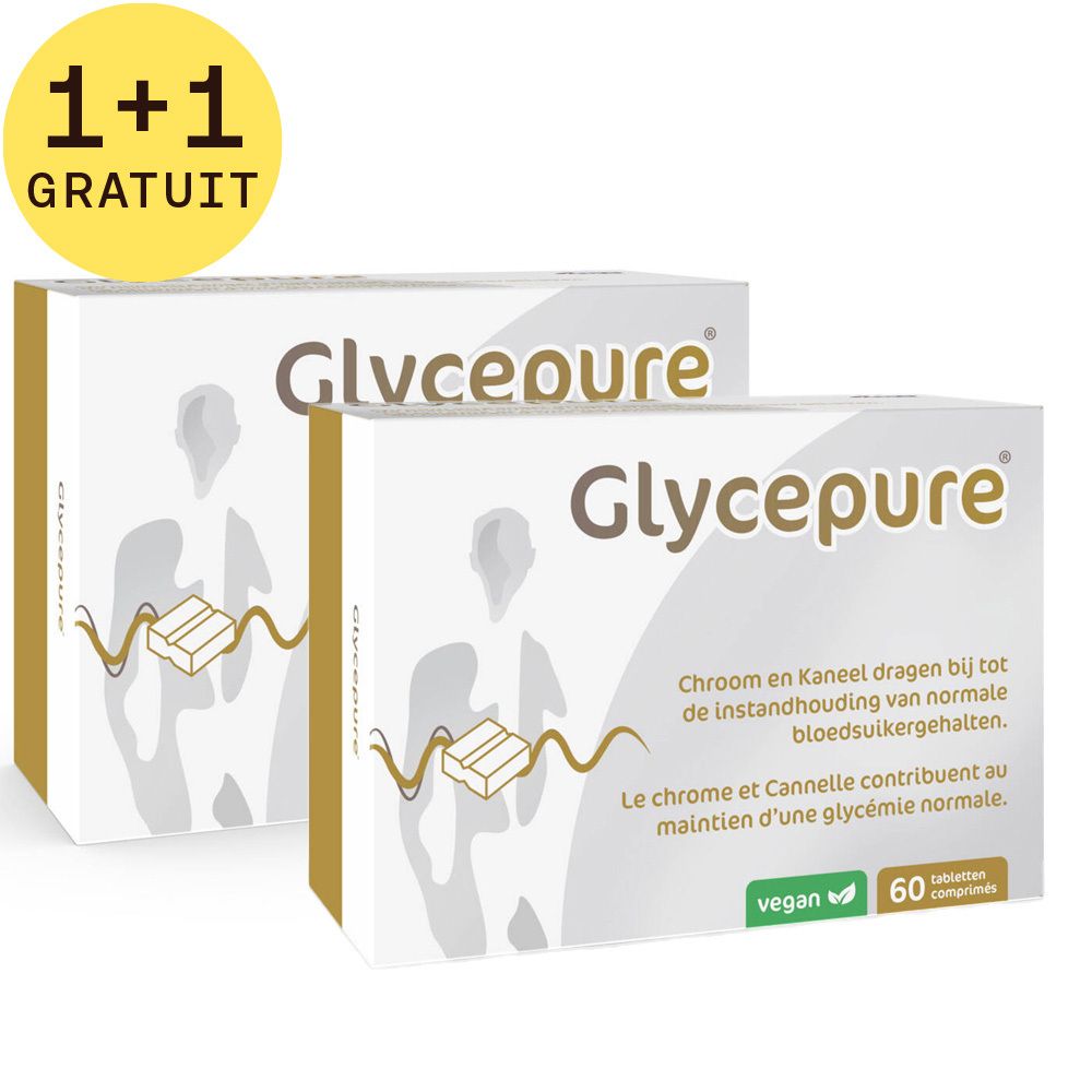 Deux boîtes blanches GlycePure, avec un cercle "1+1 GRATUIT". Texte en néerlandais et français. Logo vegan et 60 comprimés.
