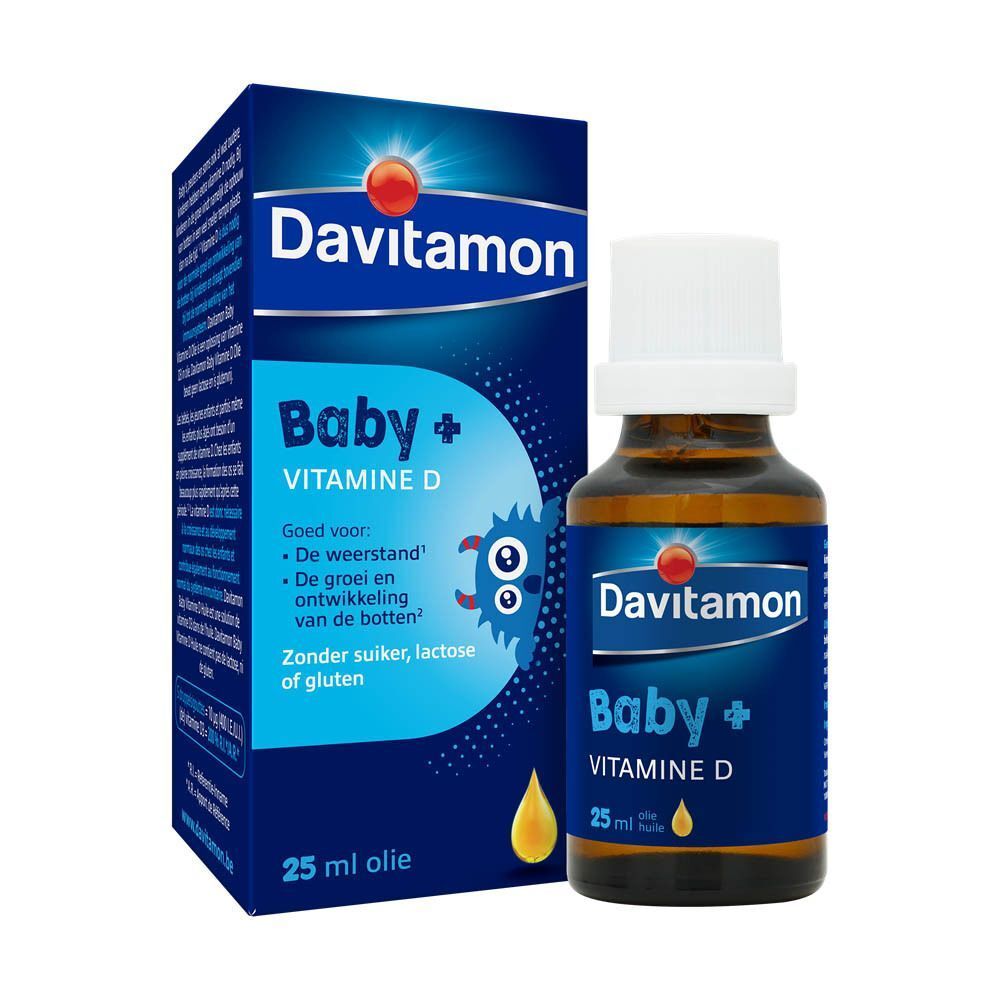Een doos en een flesje Davitamon Baby + Vitamine D.