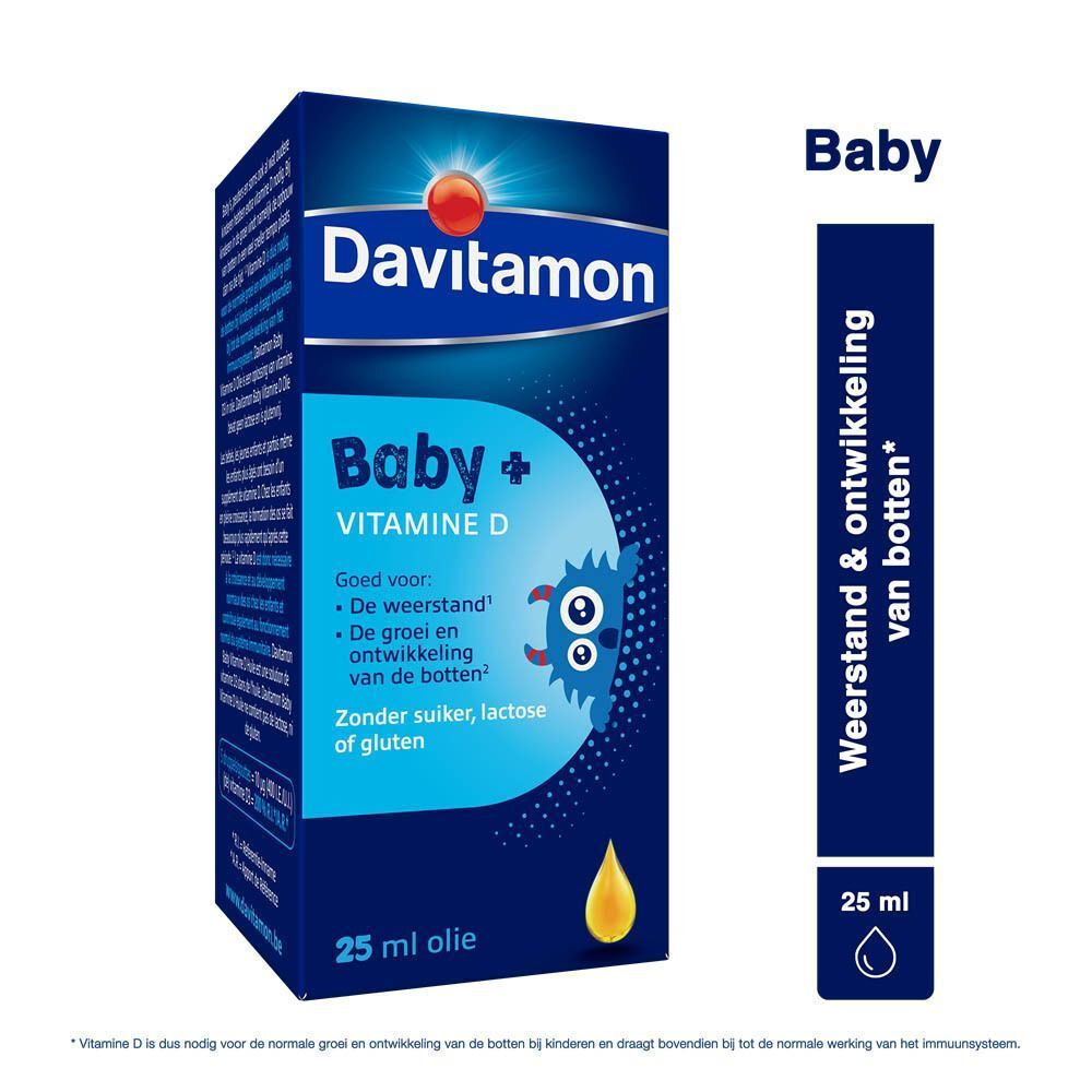 Een doos Davitamon Baby + Vitamine D met een flesje.