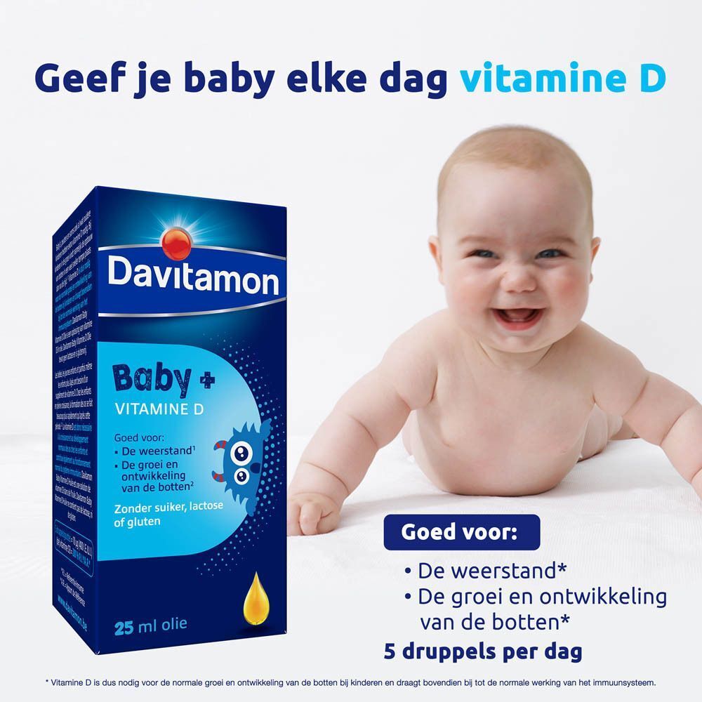 Davitamon Baby + Vitamine D: doos en flesje.