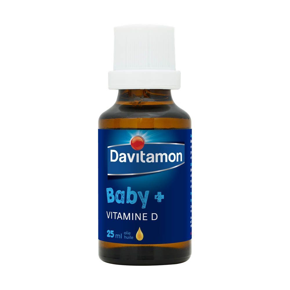 Davitamon Baby + Vitamine D: doos met flesje en baby.