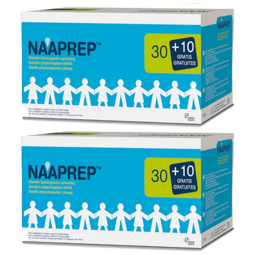 Deux boîtes NAAPREP. Texte bleu sur fond blanc. Un encart jaune indique "30 + 10 GRATIS". Des silhouettes blanches se tiennent par la main.