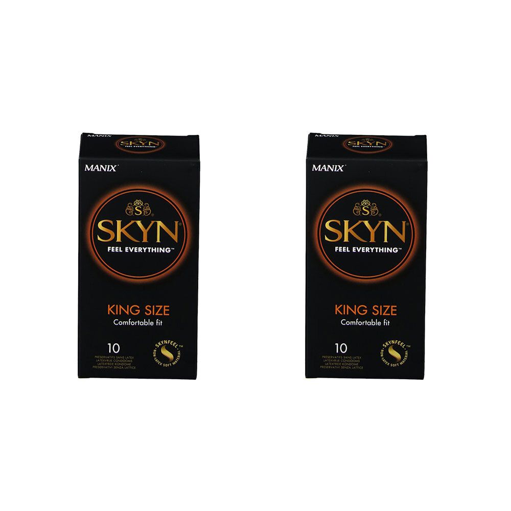 Twee zwarte dozen met het SKYN-logo. Op elke doos staat "KING SIZE" en het getal "10".