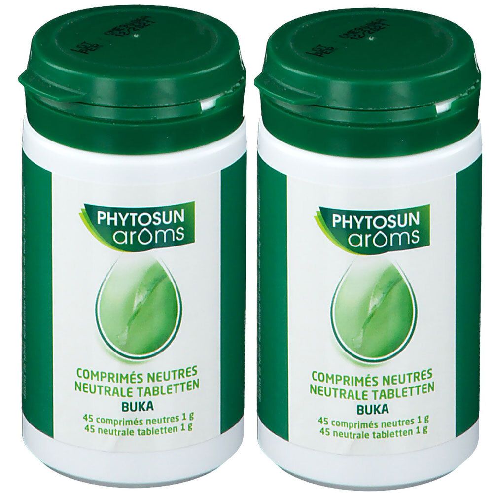 Deux flacons blancs avec couvercles verts. Inscription: PHYTOSUN arôms, COMPRIMÉS NEUTRES, NEUTRALE TABLETTEN, BUKA. Contient 45 comprimés.