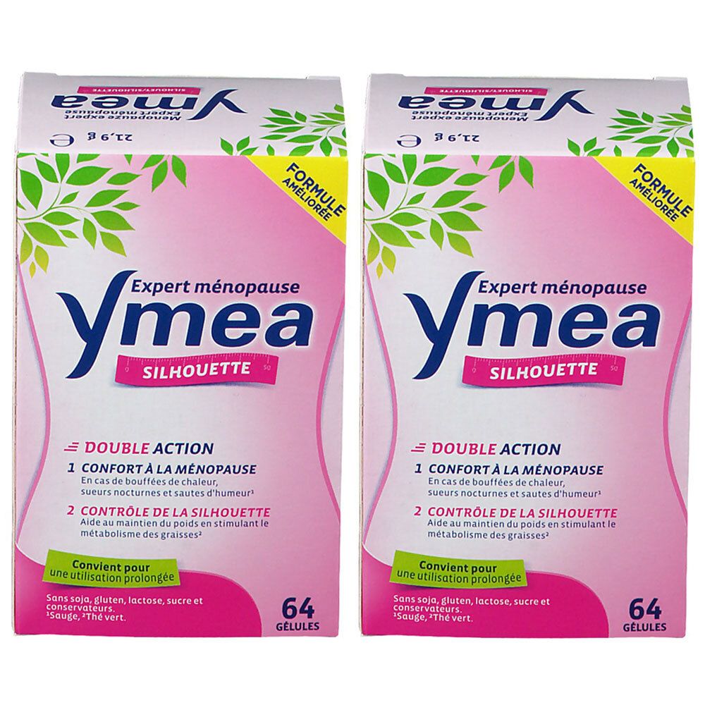 Deux boîtes de Ymea Silhouette. Emballage rose avec texte blanc. Contient 64 gélules. Formule améliorée.