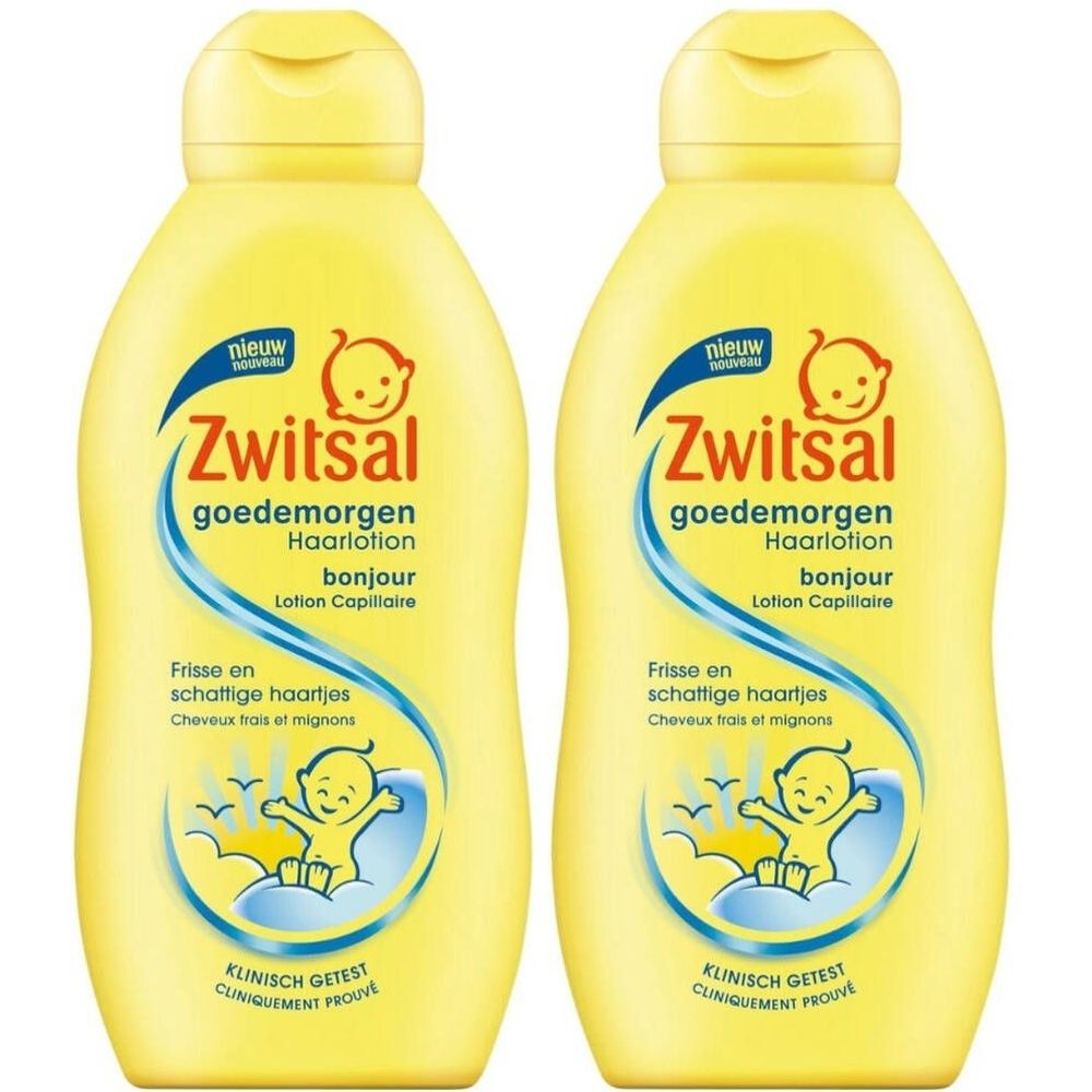 Deux flacons jaunes de lotion capillaire Zwitsal. Inscription: goedemorgen, bonjour, Lotion Capillaire. Testé cliniquement.
