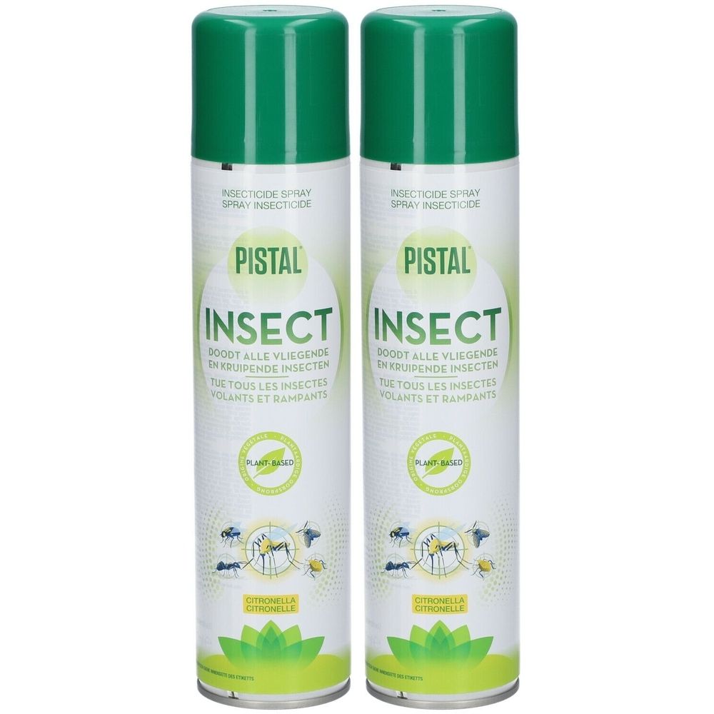 Twee sprays met groene deksels. Opschrift: PISTAL INSECT. Doodt vliegende en kruipende insecten. Op basis van planten. Citroen.