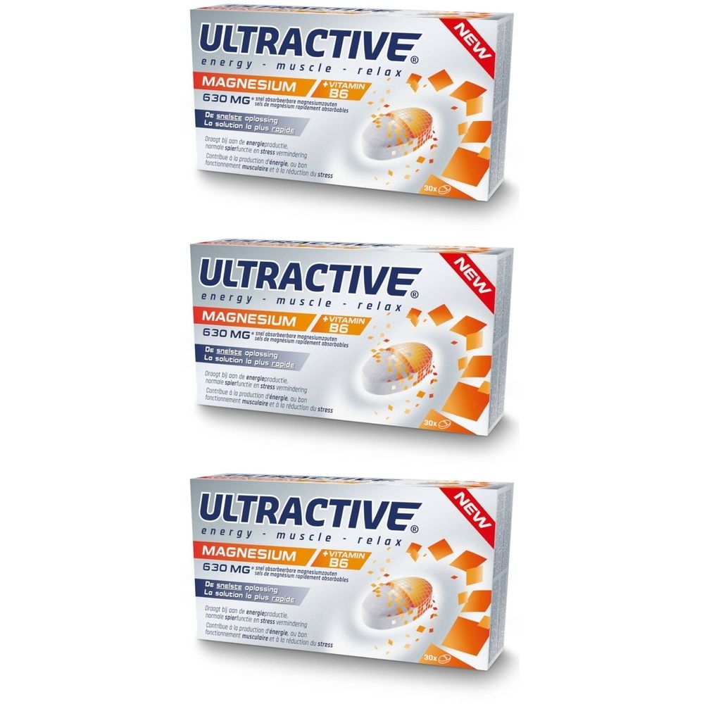 Drie dozen met de tekst "ULTRACTIVE Magnesium 630 MG". Op elke doos staat "NEW".