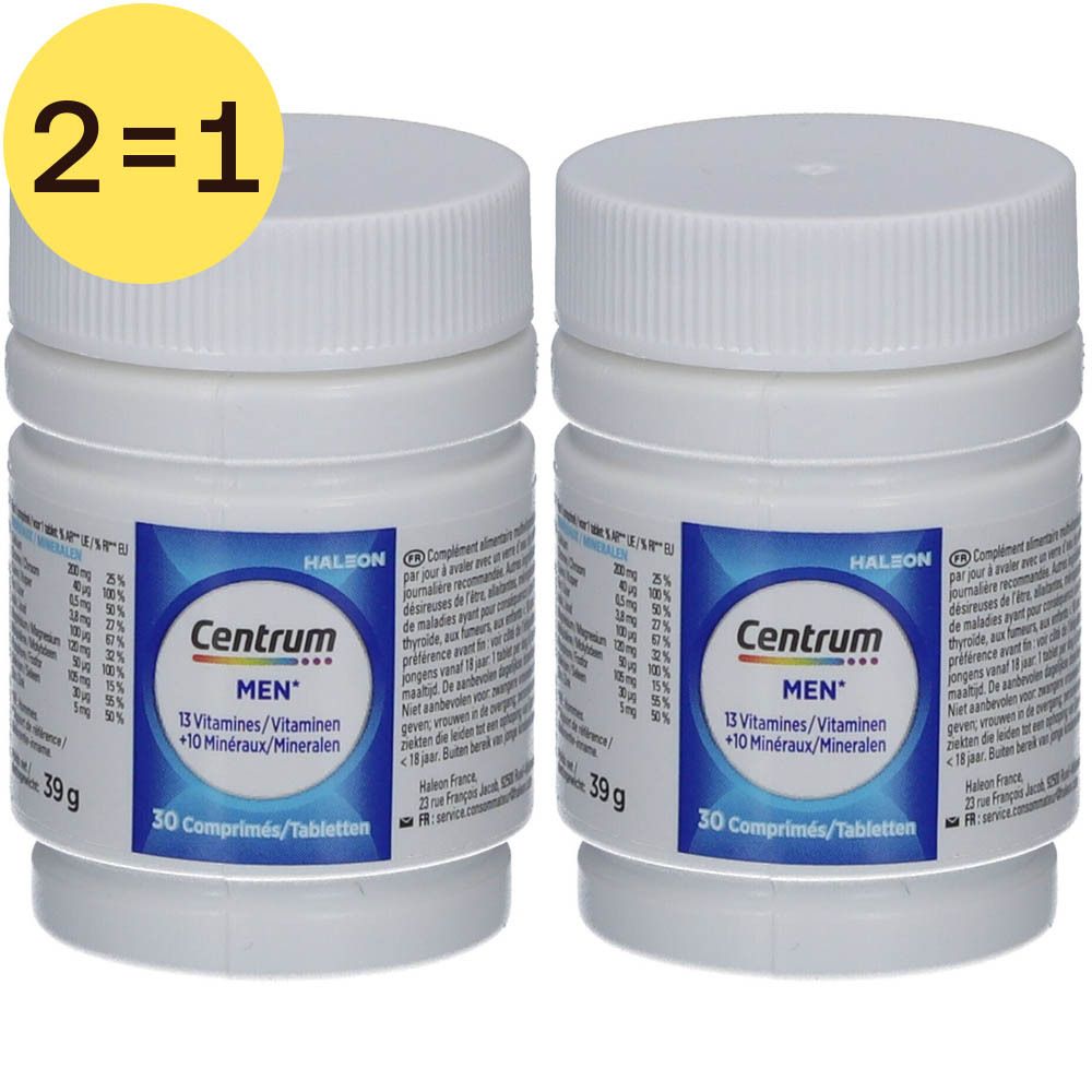 Twee flessen Centrum® Men. Witte flessen met blauwe etiketten. Opschrift: Centrum Men, 13 vitaminen + 10 mineralen. 30 tabletten. Geel 2=1-label.