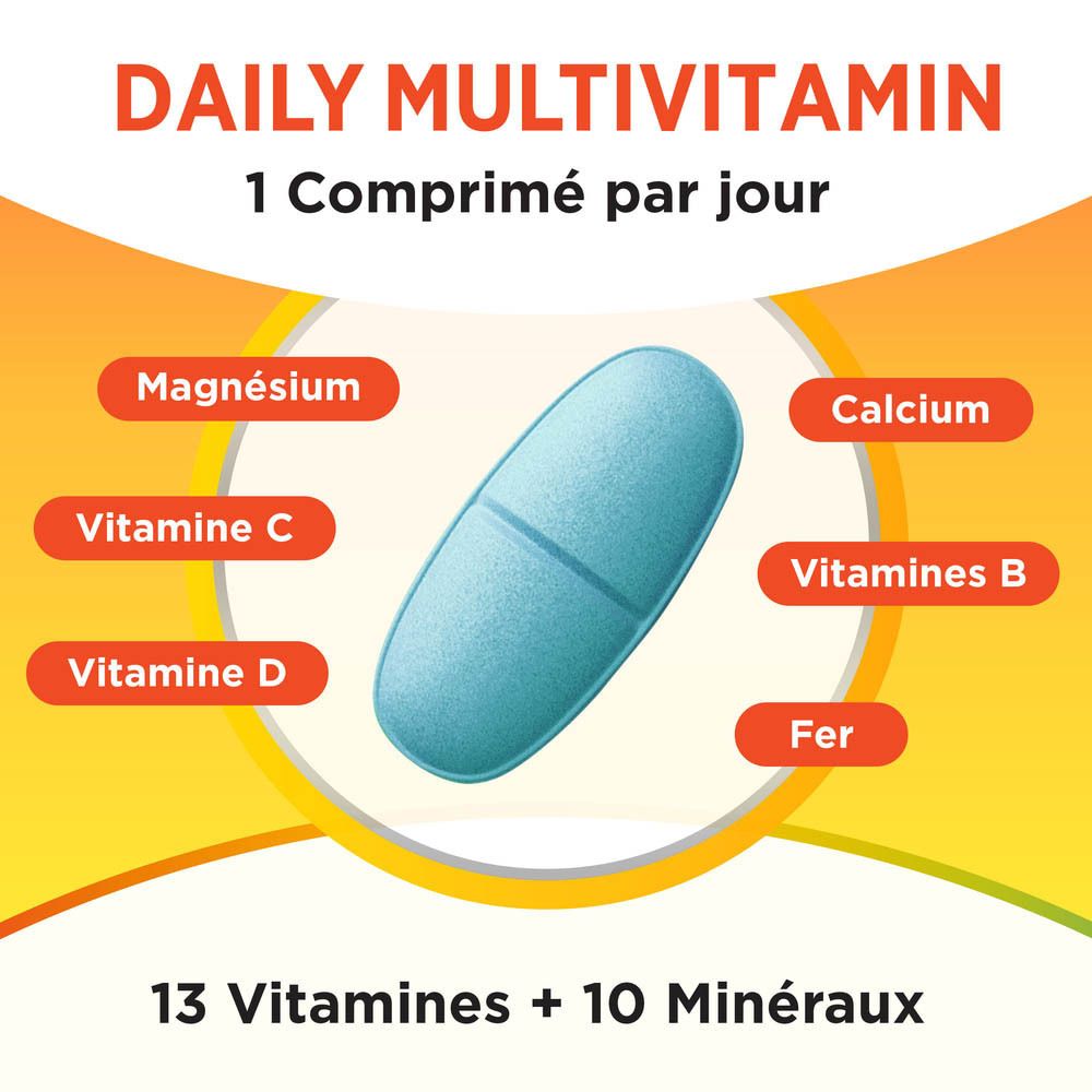 Comprimé bleu avec texte: Magnésium, Calcium, Vitamine C, D, B, Fer. 13 Vitamines + 10 Minéraux.