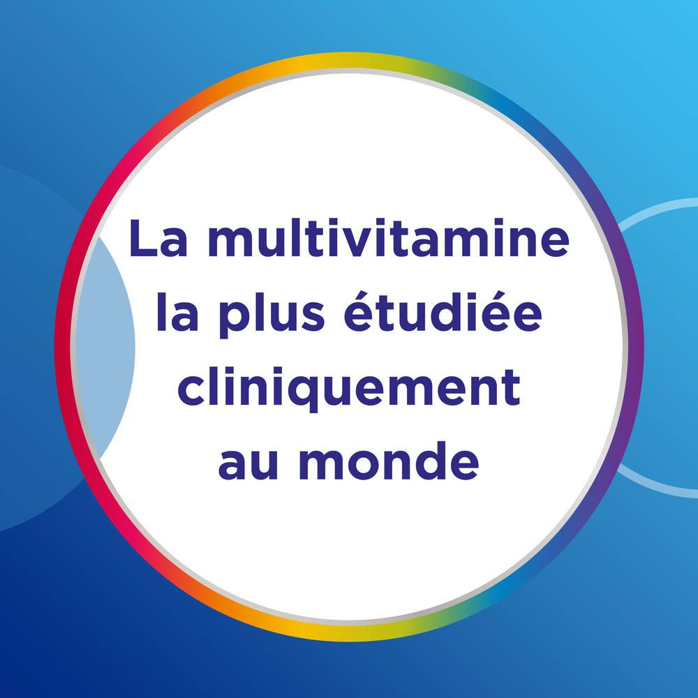 Texte circulaire sur fond bleu : La multivitamine la plus étudiée cliniquement au monde.