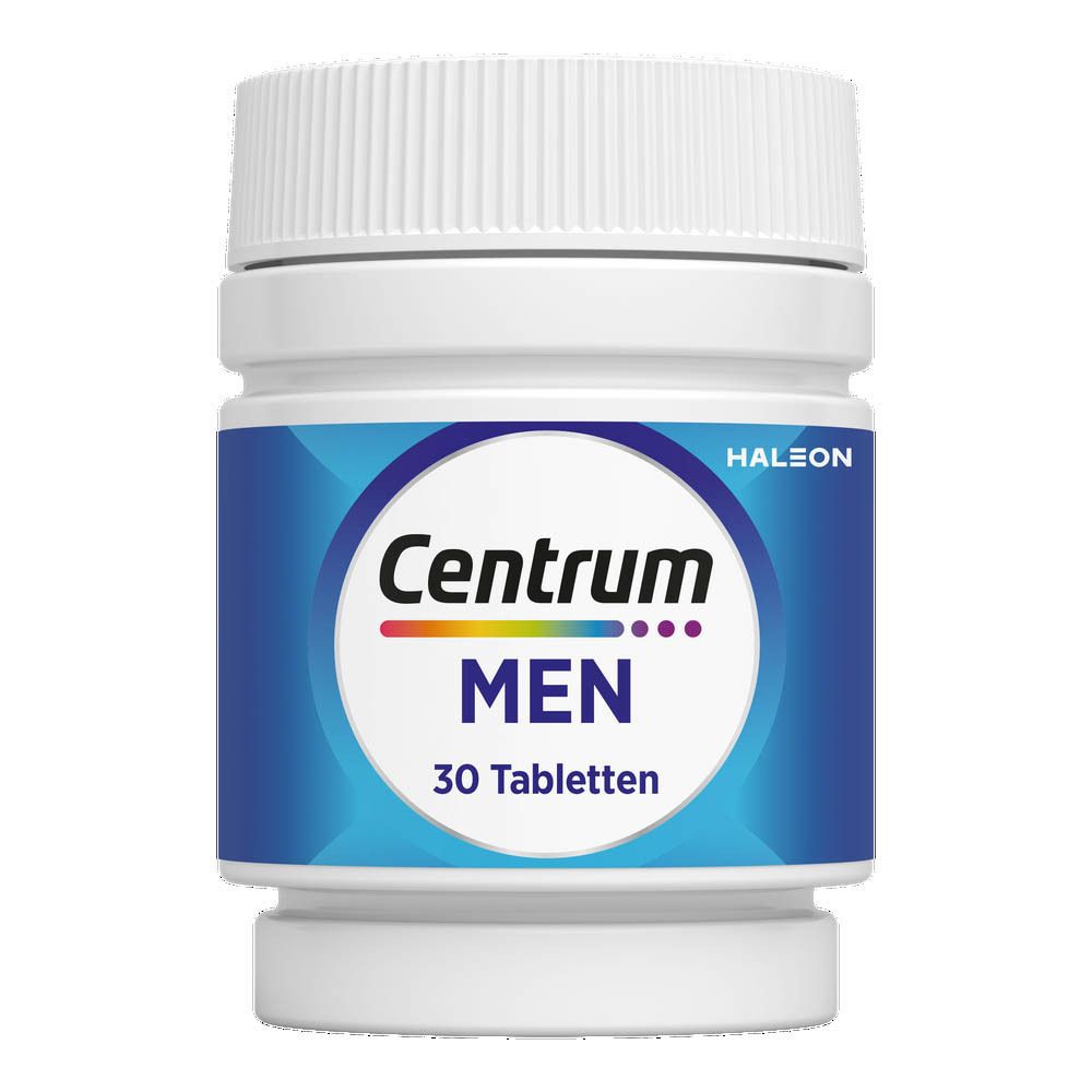 Centrum® Men fles. Wit, blauw etiket, 30 tabletten. HALEON.