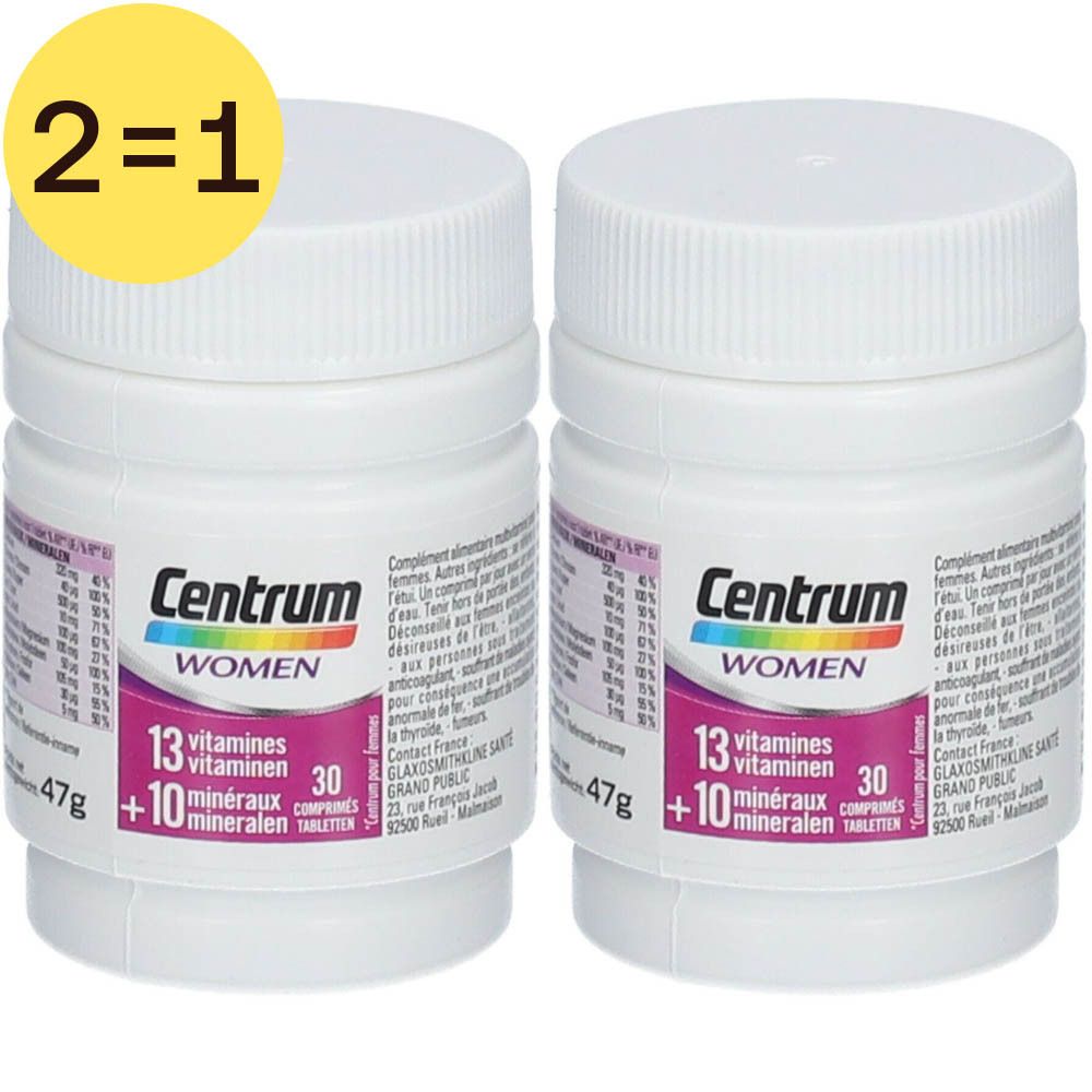 Twee witte flessen Centrum® Women met paars etiket. Opschrift: 13 vitaminen + 10 mineralen. Gele sticker: 2=1.