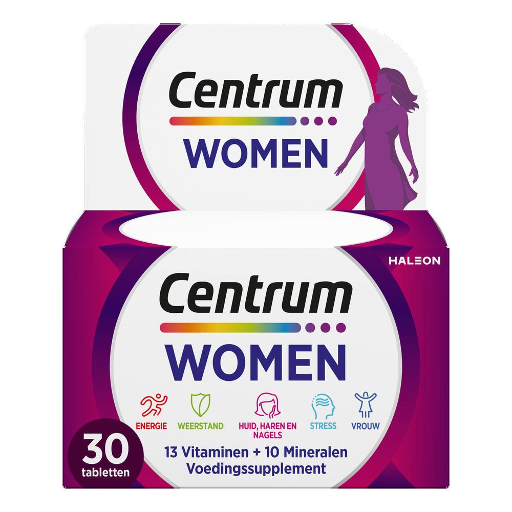 Verpakking Centrum® Woman met tekst: 30 tabletten, 13 Vitaminen + 10 Mineralen, Energie, Immuniteit, Huid, haar, nagels, Stress, Vrouw.