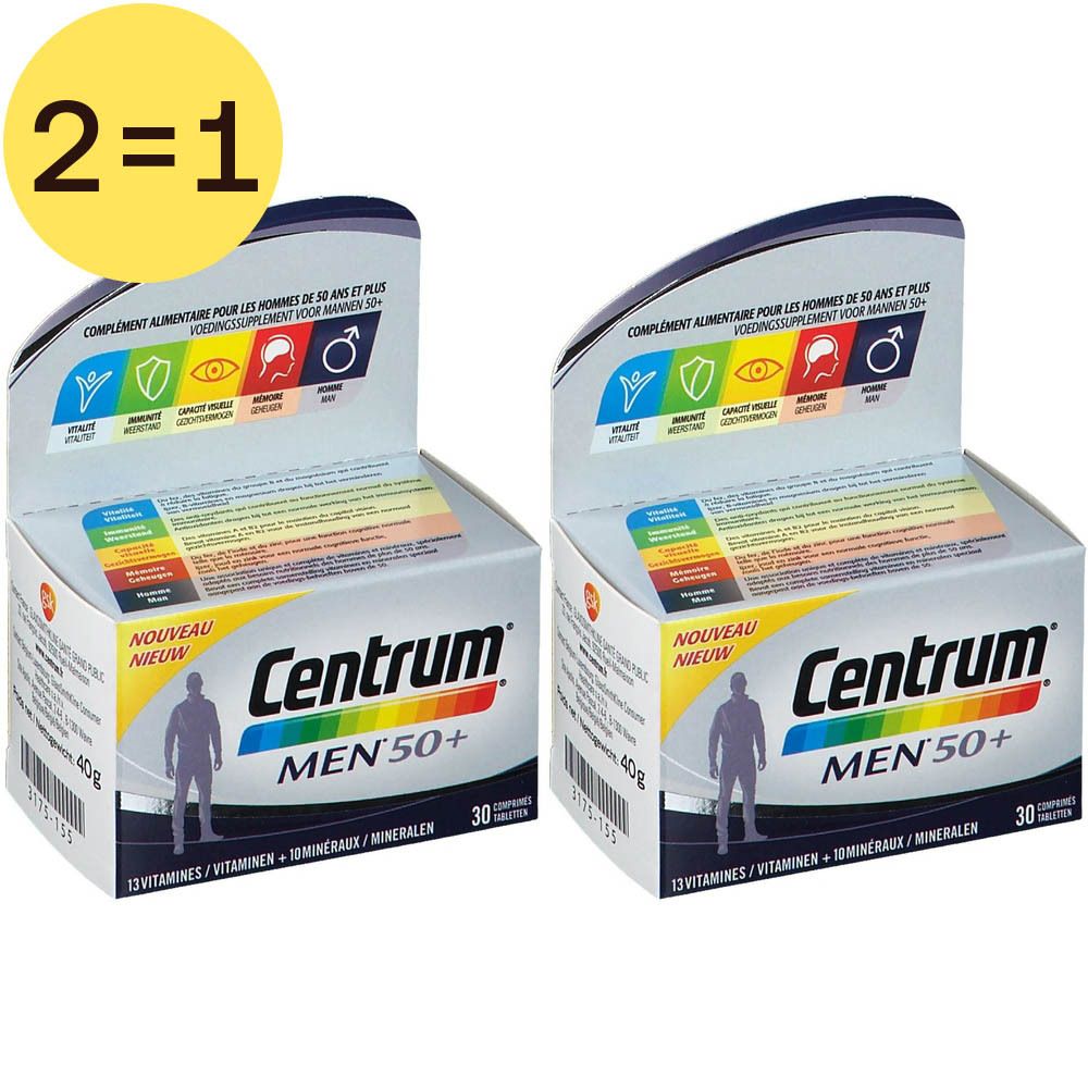 Twee dozen Centrum® Men 50+ in kartonnen verpakking. Opschrift: "MEN 50+", "30 tabletten". Geel 2=1-label.