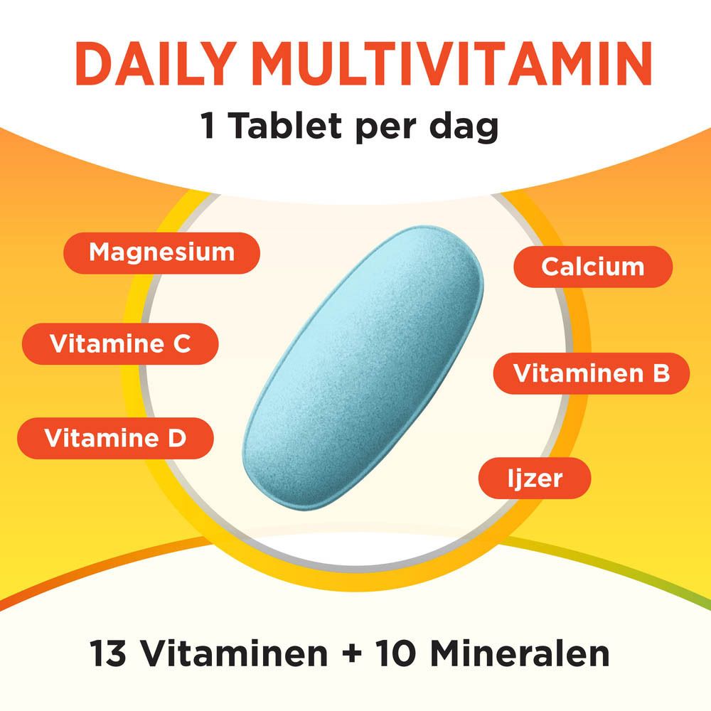 Blauwe multivitamine tablet met uitgelichte ingrediënten: Magnesium, Vitamine C, Vitamine D, Calcium, Vitaminen B, IJzer.