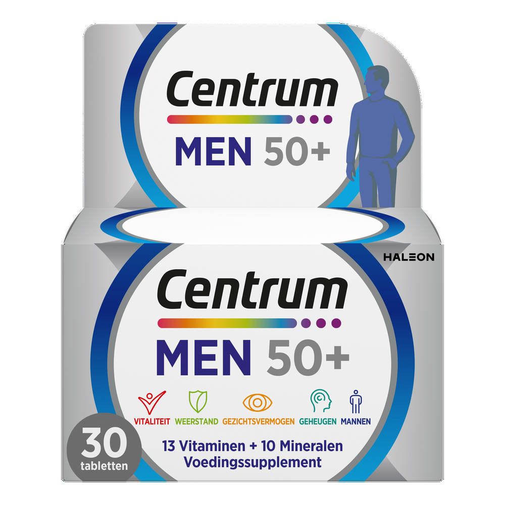 Twee dozen Centrum Men 50+. Opschrift: 30 tabletten, 13 vitaminen + 10 mineralen.