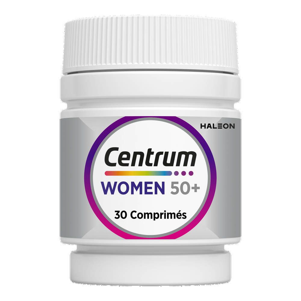 Un flacon de Centrum Women 50+. Inscription : 30 comprimés.