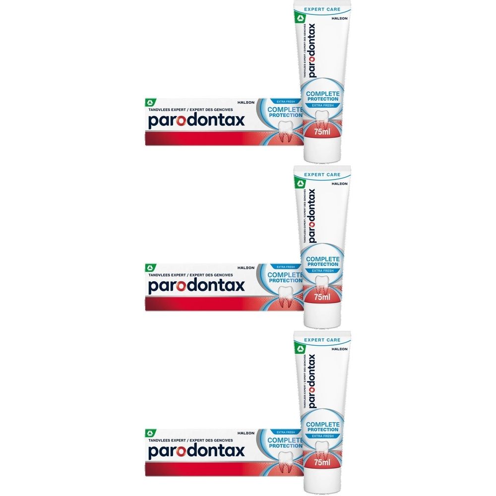 Drie tubes parodontax® Complete Protection tandpasta. Witte tubes met rode en groene tekst.