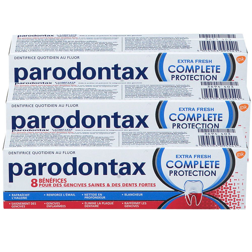 Trois boîtes de dentifrice parodontax Complete Protection Extra Fresh. 8 bénéfices pour des gencives saines et des dents fortes. Contient du fluor.