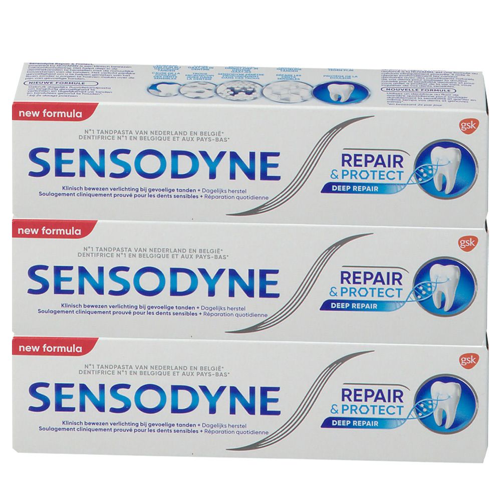 Drie tubes Sensodyne tandpasta in een verpakking. Opschrift: Repair & Protect, Deep Repair. Met het GSK logo.