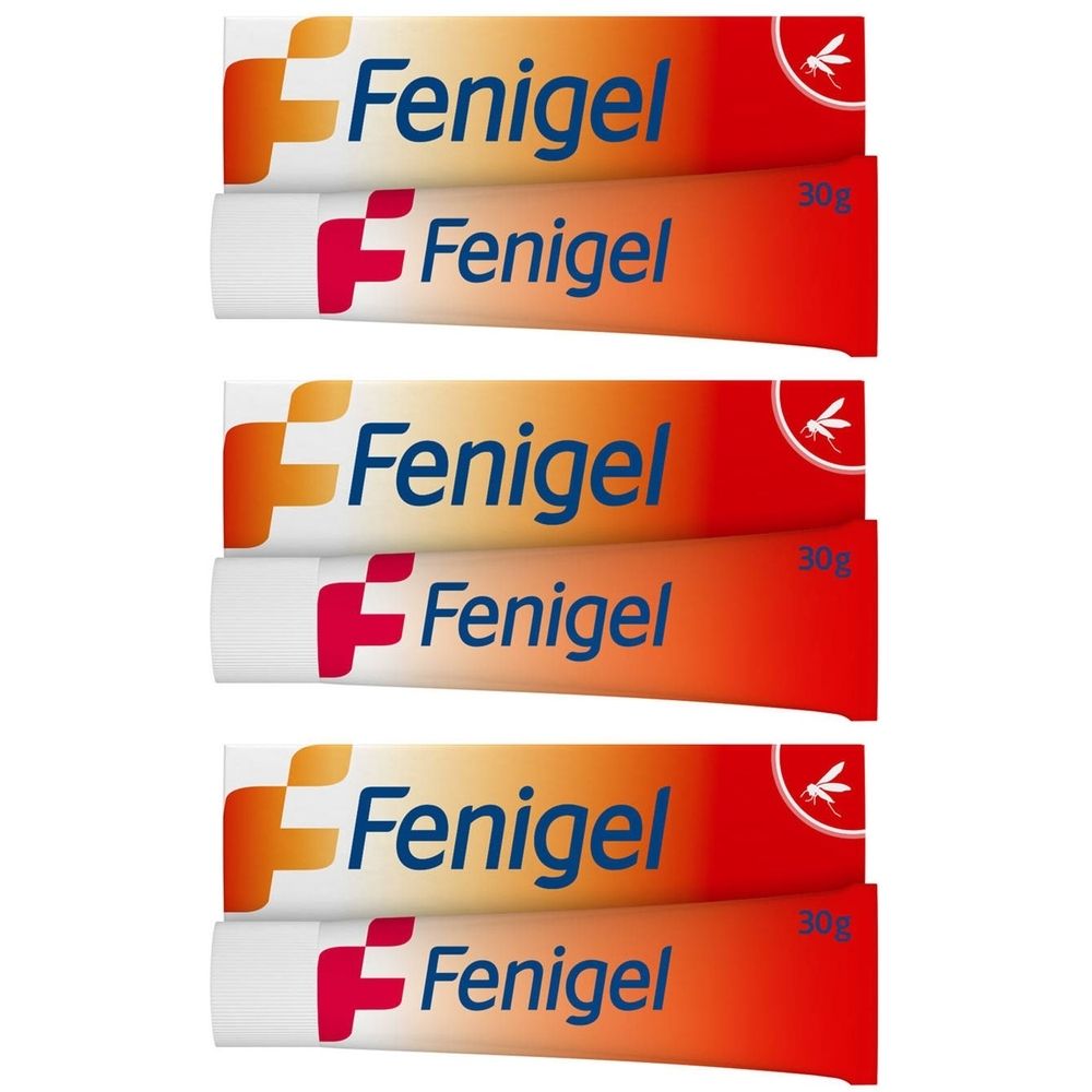 Zes tubes met productnaam en logo. Elke tube draagt 30g. Rood insecten-symbool op elke tube.