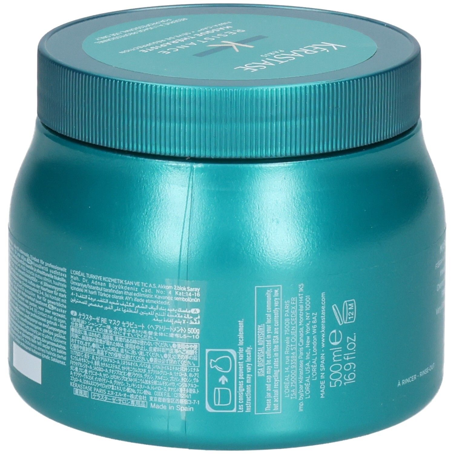 Achterkant van de Kérastase Masque Thérapiste haarmasker pot met ingrediënten en instructies.
