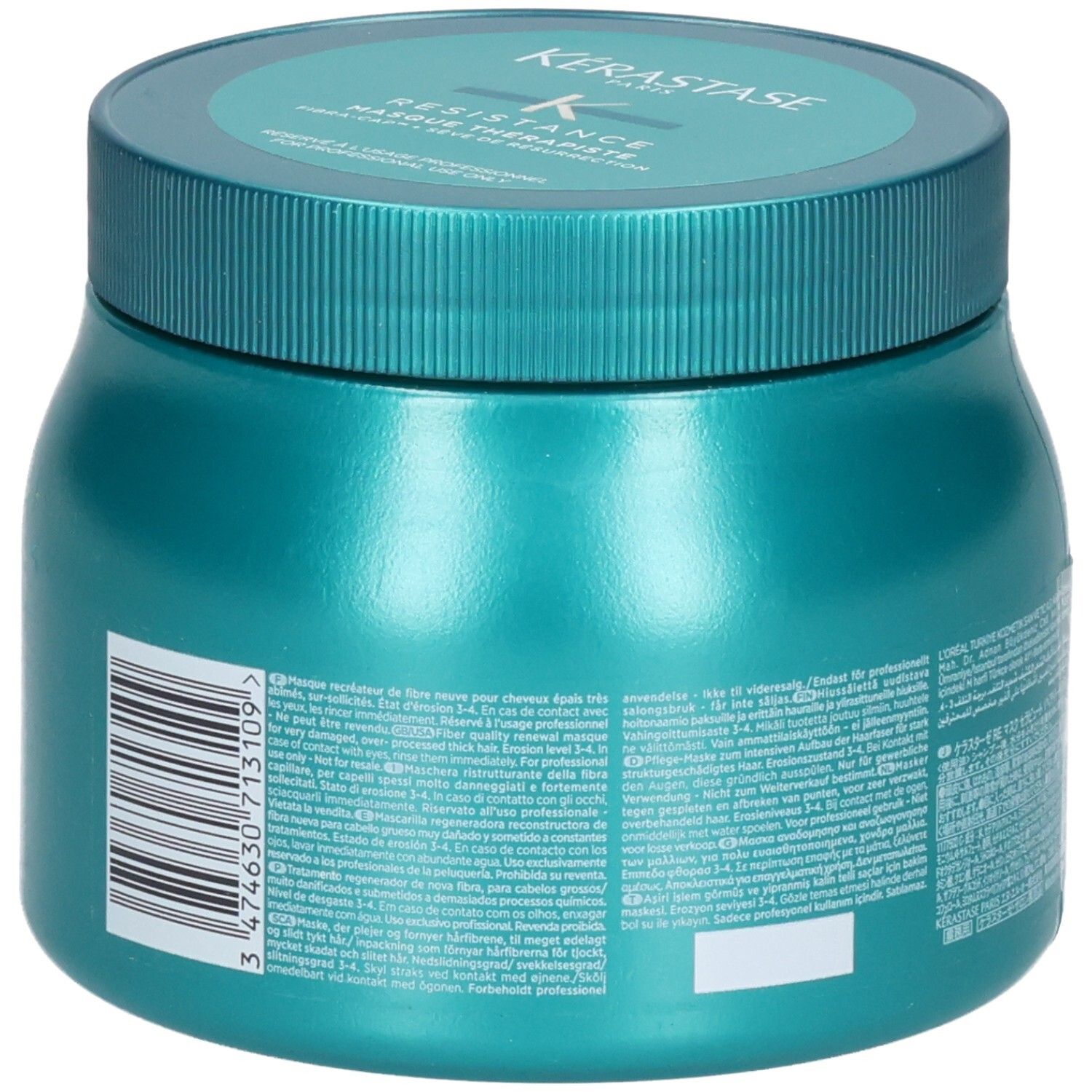 Zijaanzicht van de Kérastase Masque Thérapiste haarmasker pot met barcode en productinformatie.