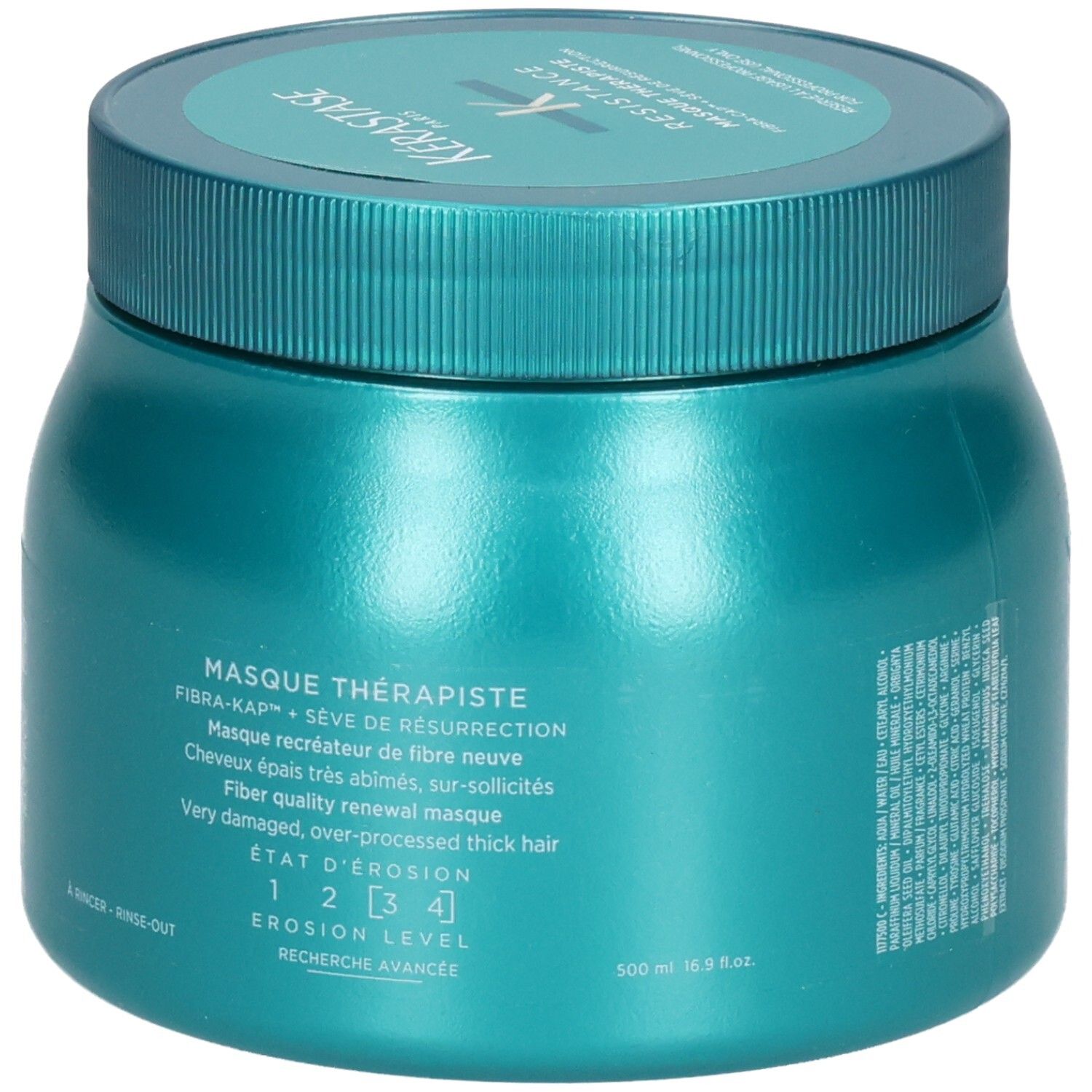 Kérastase Masque Thérapiste haarmasker in turquoise pot. Voorkant met productnaam en erosieniveau.