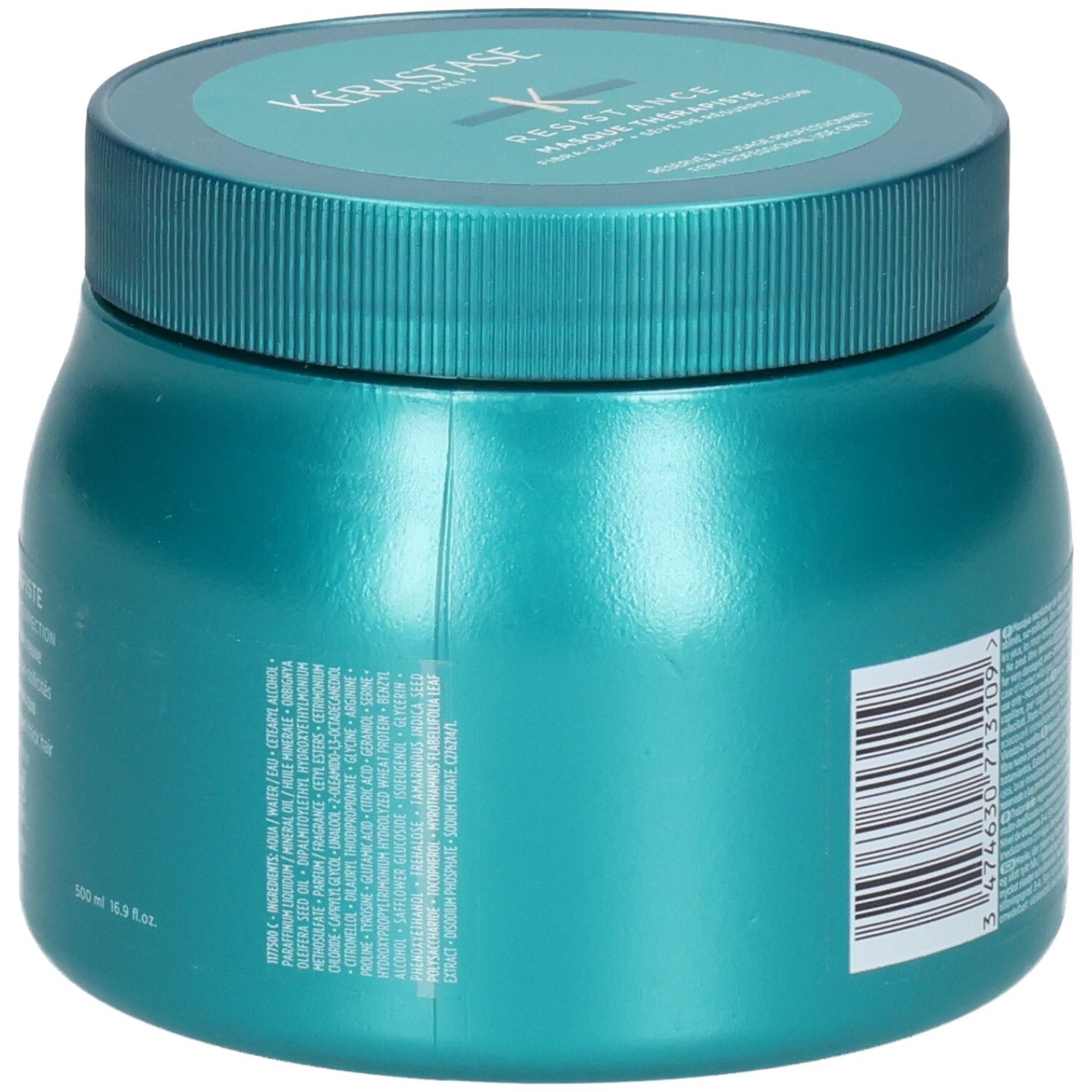 Zijaanzicht van de Kérastase Masque Thérapiste haarmasker pot met gedetailleerde ingrediëntenlijst.
