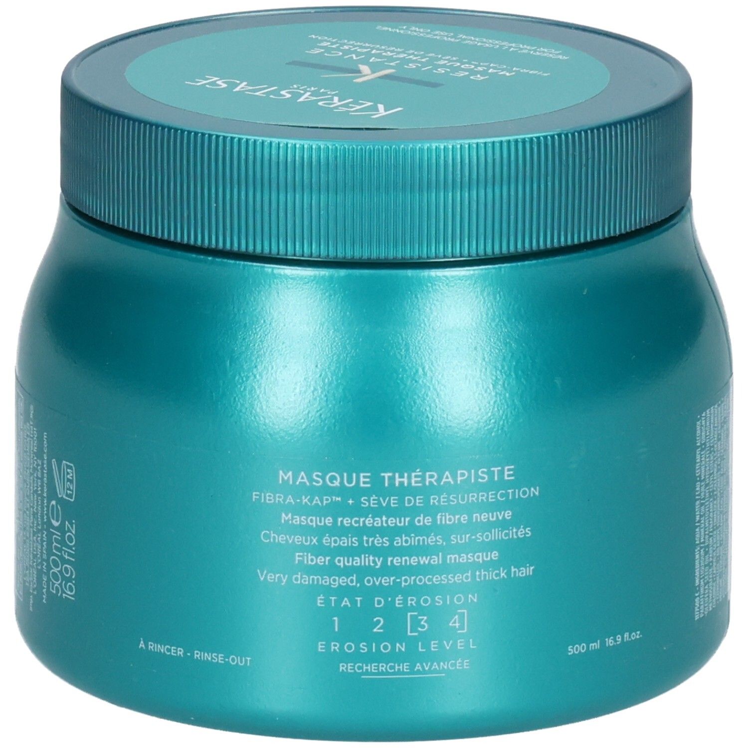 Kérastase Masque Thérapiste haarmasker in turquoise pot. Voorkant met productnaam en erosieniveau.