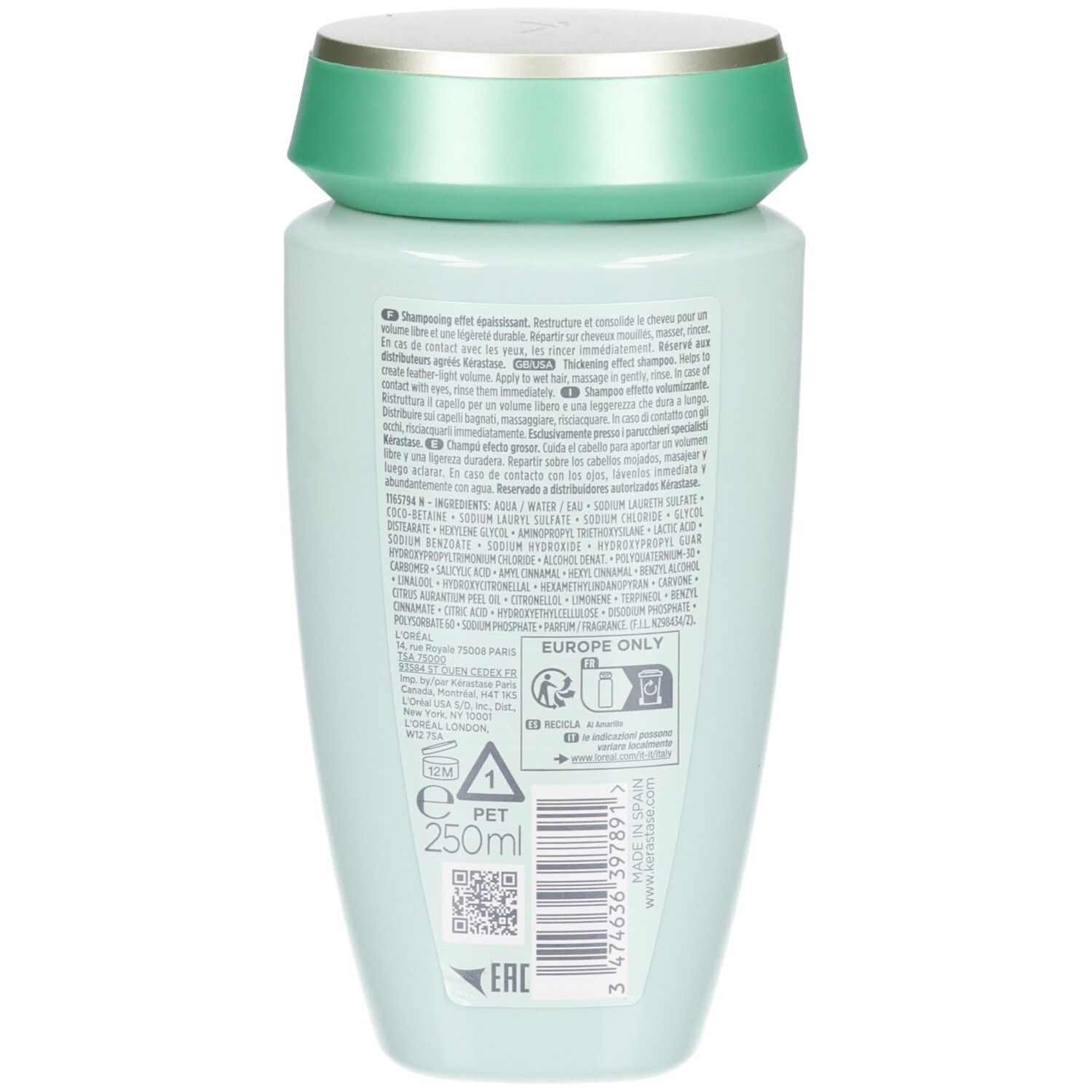 Arrière de la bouteille de shampooing Kérastase Bain Volumifique avec étiquette et code-barres.