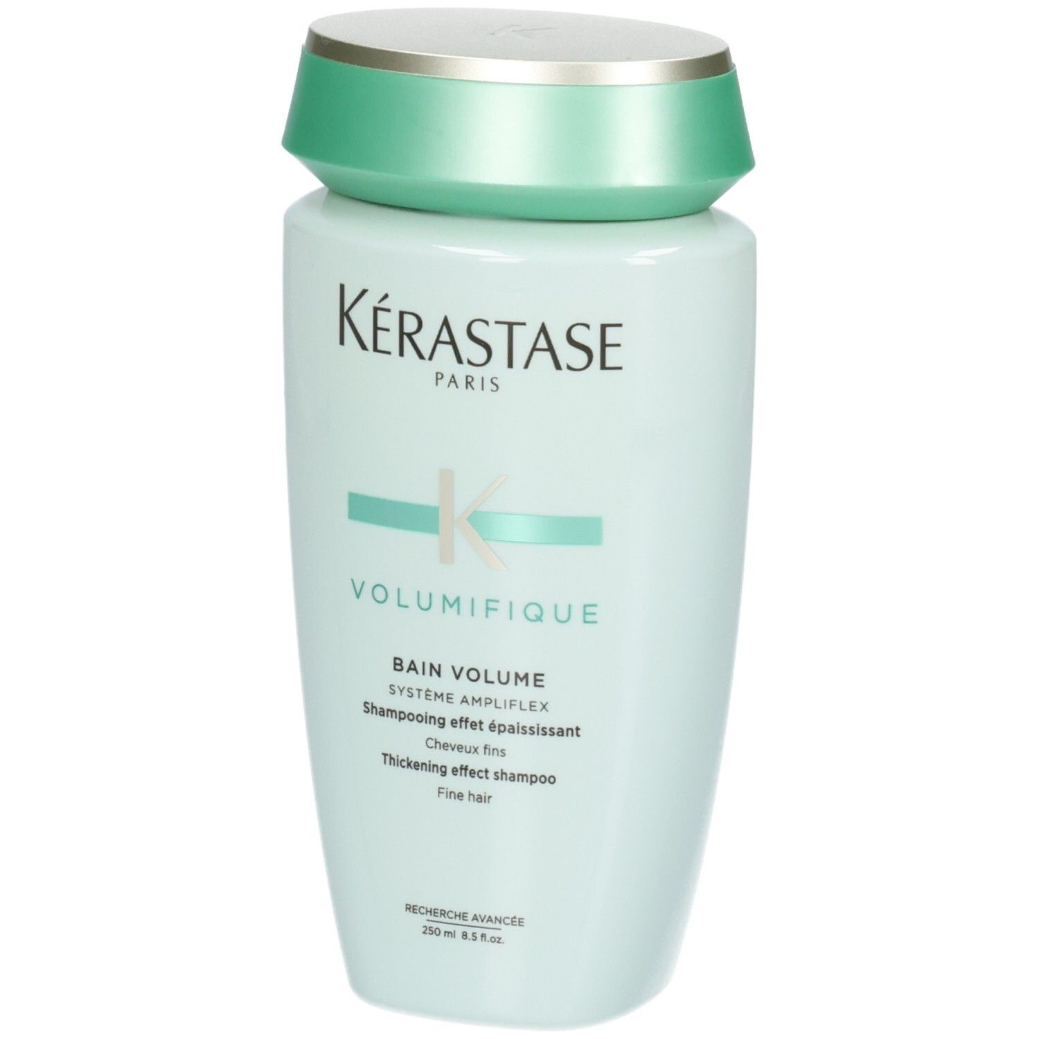 Bouteille de shampooing Kérastase Bain Volumifique, vert menthe avec bouchon argenté et vert.