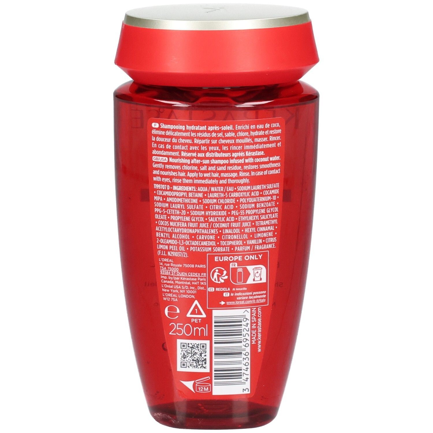 Arrière de la bouteille Kérastase Soleil Bain Après-Soleil avec ingrédients et indication 250ml.