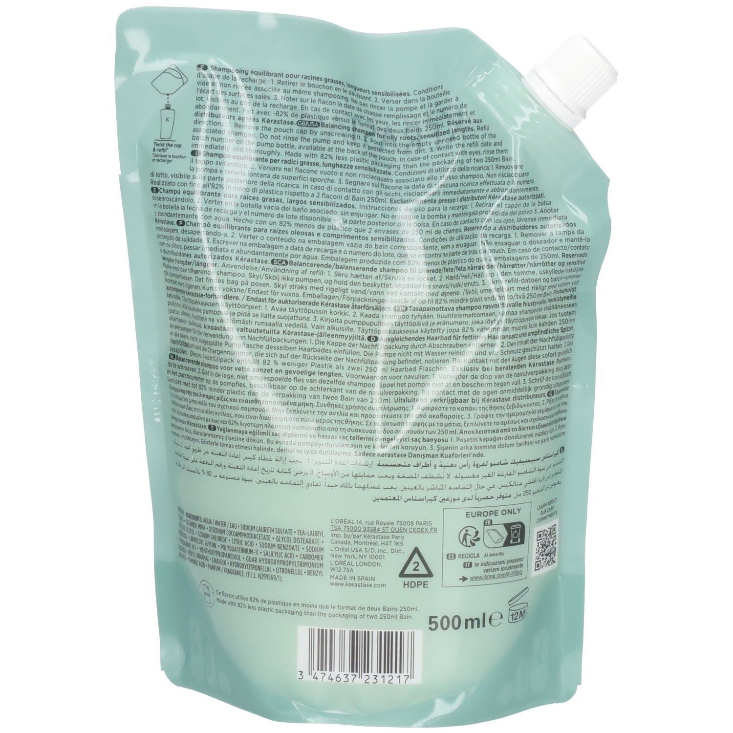 Achterkant van de Kérastase Specifique Bain Divalent navulzak met gebruiksinstructies.