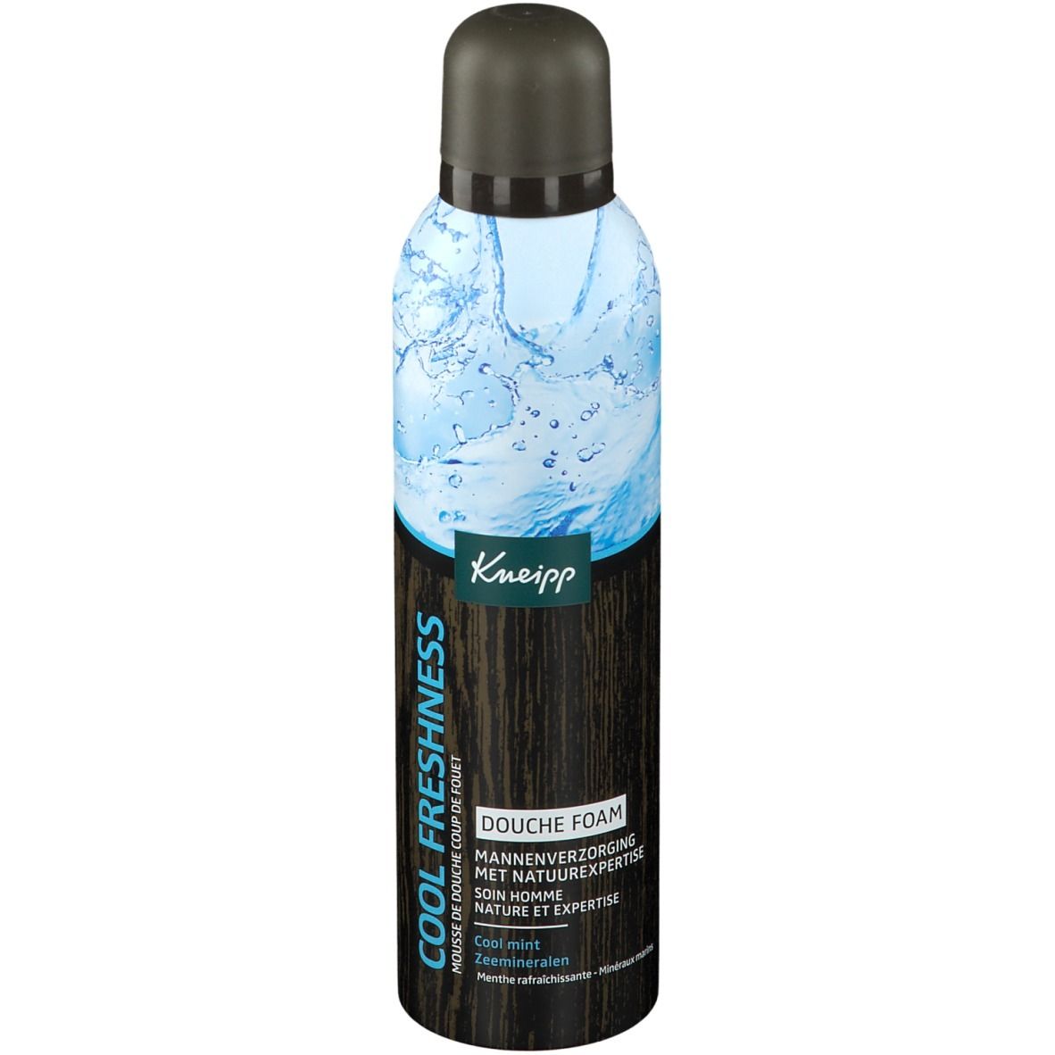 Kneipp Cool Freshness douche foam. Cilindrische fles met zwarte dop. Blauwe en bruine elementen. Tekst: Cool Freshness, Kneipp.