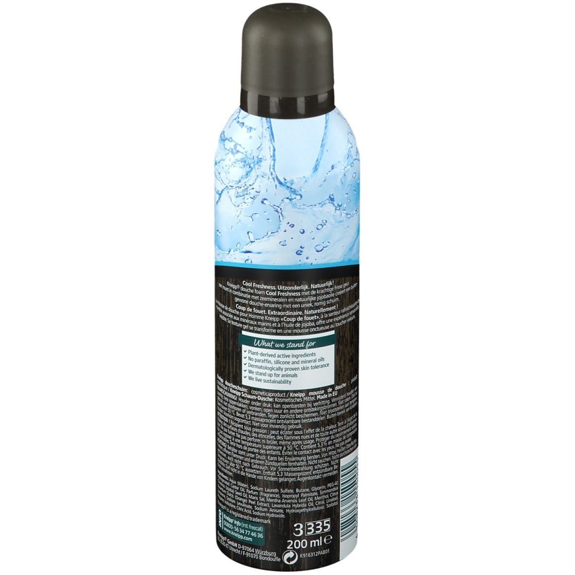 Kneipp Cool Freshness douche foam. Cilindrische fles, zwarte dop. Achterkant met tekst en waterdesign. Bruine houtlook.