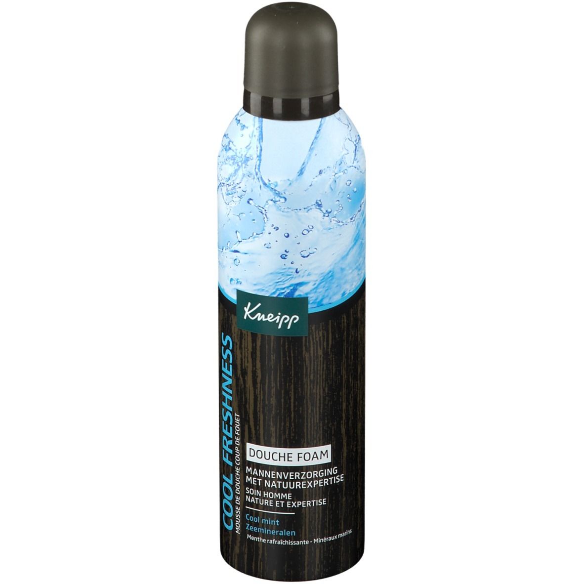 Kneipp Cool Freshness douche foam. Cilindrische fles met zwarte dop. Blauwe en bruine elementen. Tekst: Cool Freshness, Kneipp.