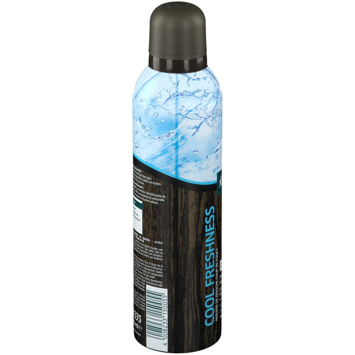 Kneipp Cool Freshness douche foam. Cilindrische fles, zwarte dop. Achterkant met tekst en waterdesign. Bruine houtlook.